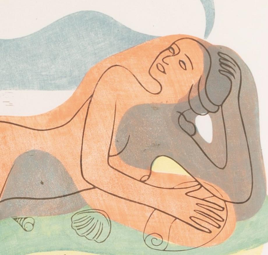 Mexikanischer Idyll, 1936 - 20. Jahrhundert, Nudefarbener Linocut-Druck mit Bäumen und Muscheln (Beige), Nude Print, von Leon Underwood