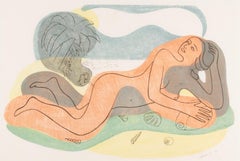 Idillio messicano, 1936 - Stampa linocut del 20° secolo con alberi e conchiglie