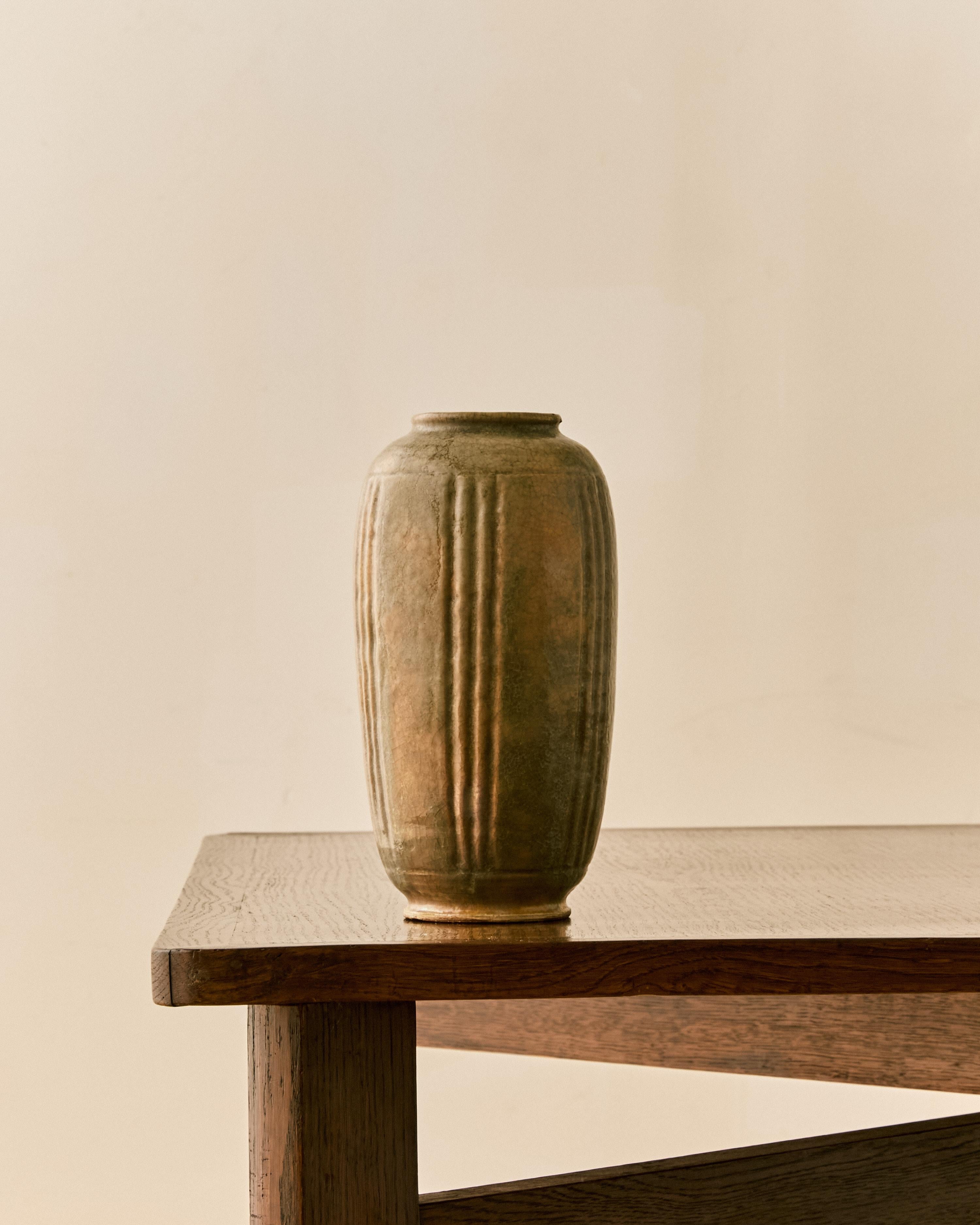 Leon Volkmar (1879-1959) deco ceramic glazed hand thrown vase c. 1938, signed and date on underside. 