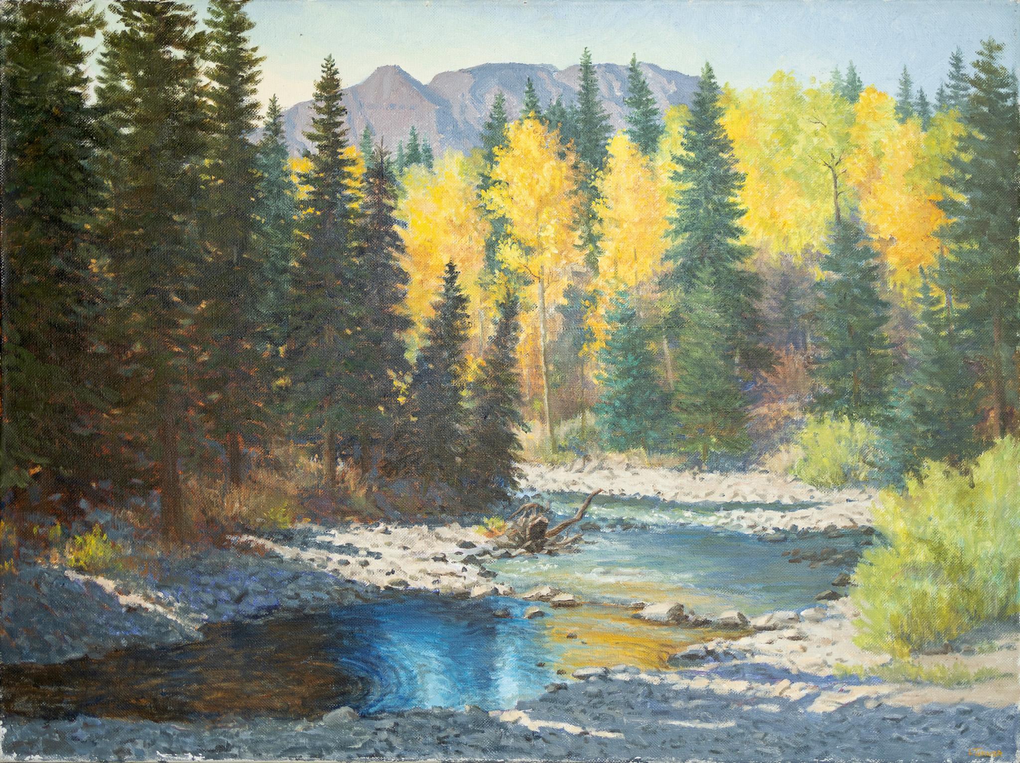 Leona Turner Landscape Painting - "Colorado Splendor" Mountain Landscape Scene with Creek and Aspen Trees