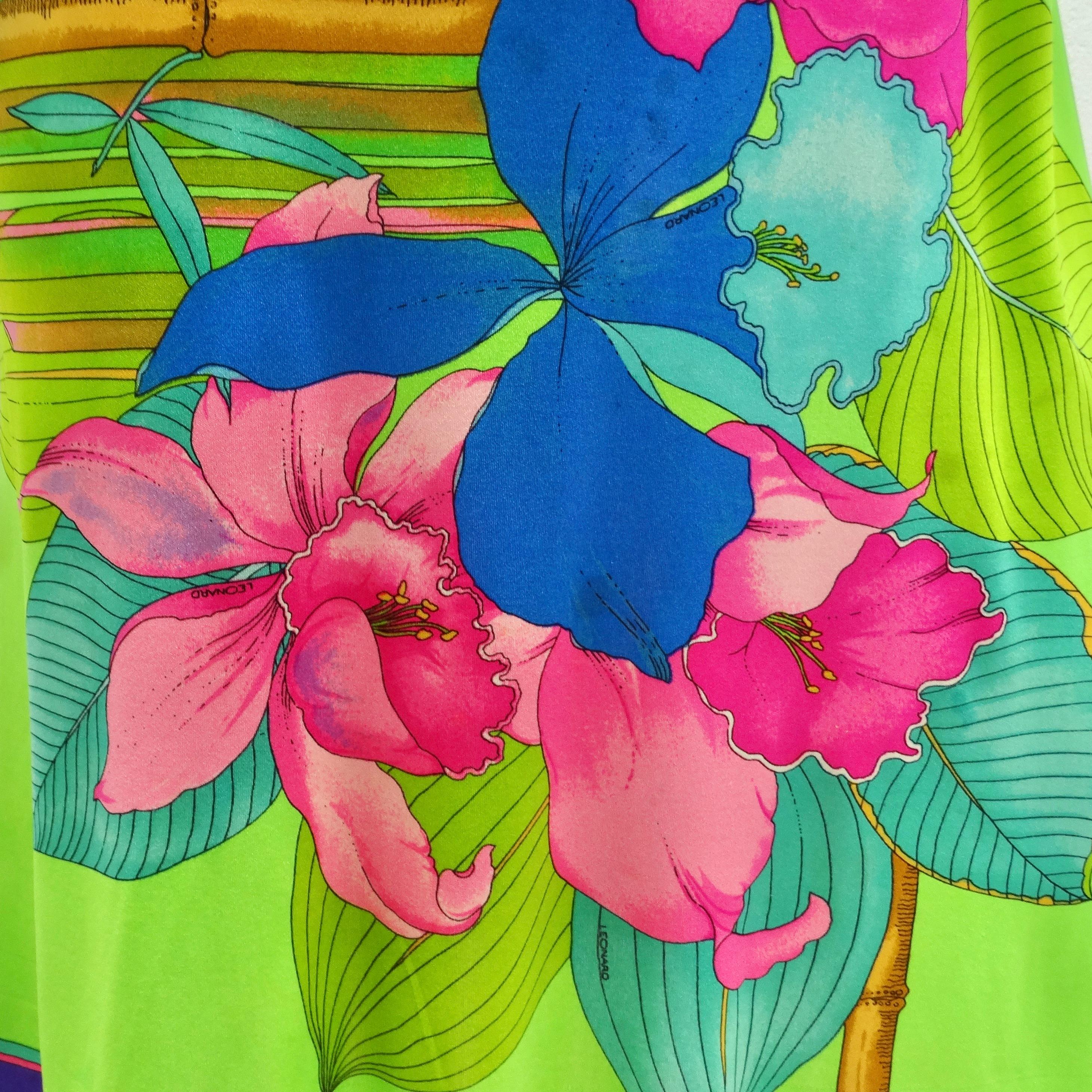 Leonard 1960s Green Floral Silk Dress In Good Condition For Sale In Scottsdale, AZ