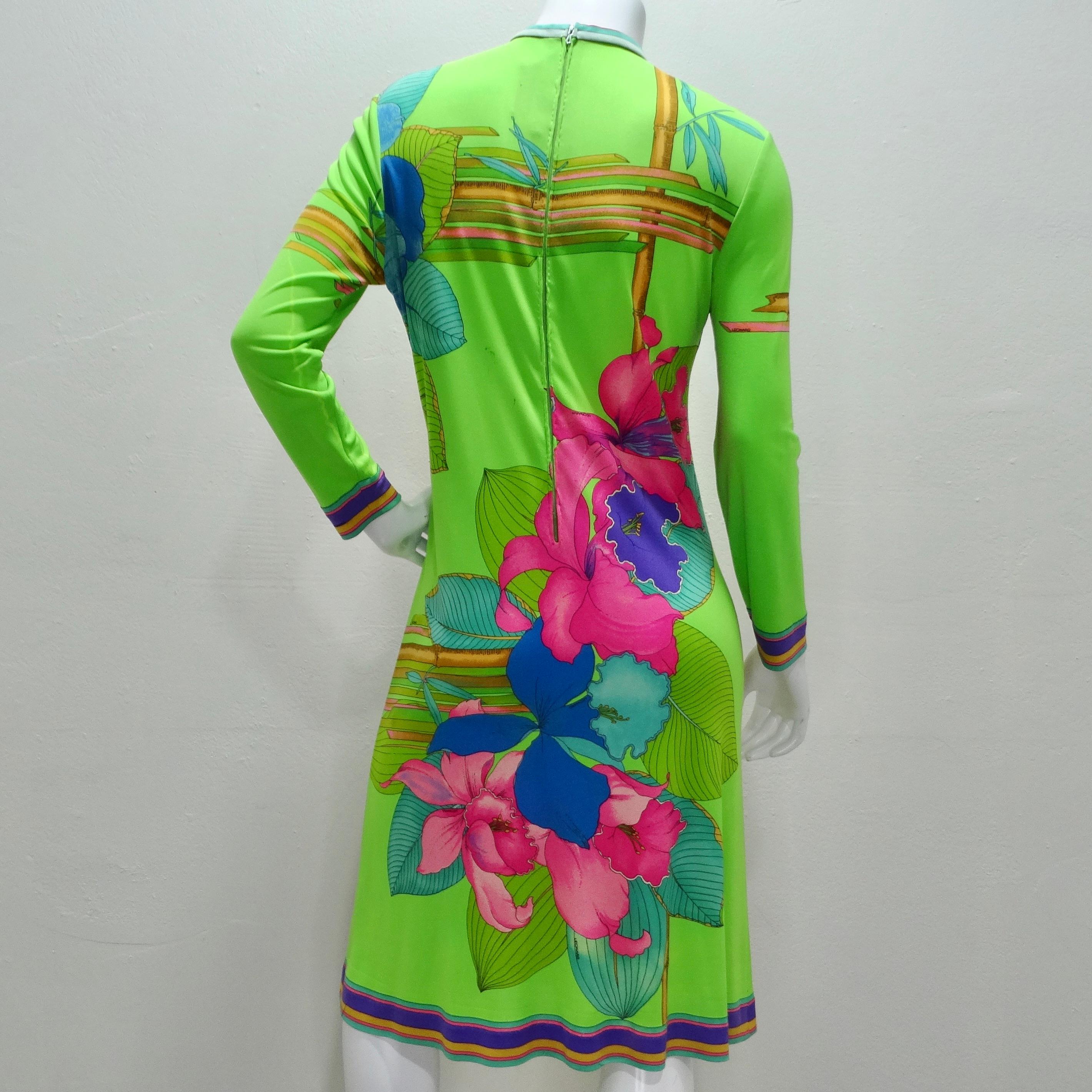 Leonard 1960s Green Floral Silk Dress For Sale 1