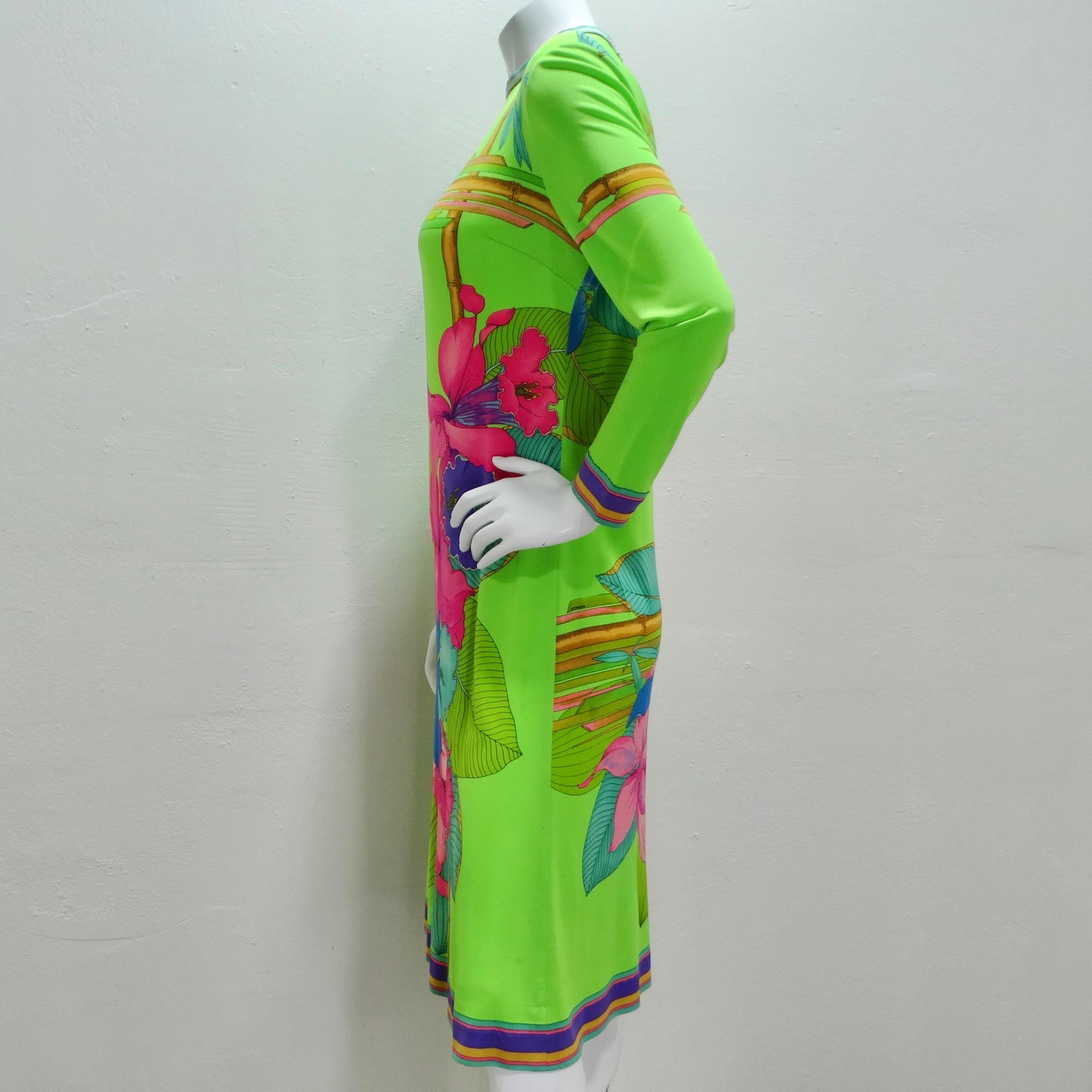 Leonard 1960s Green Floral Silk Dress For Sale 2