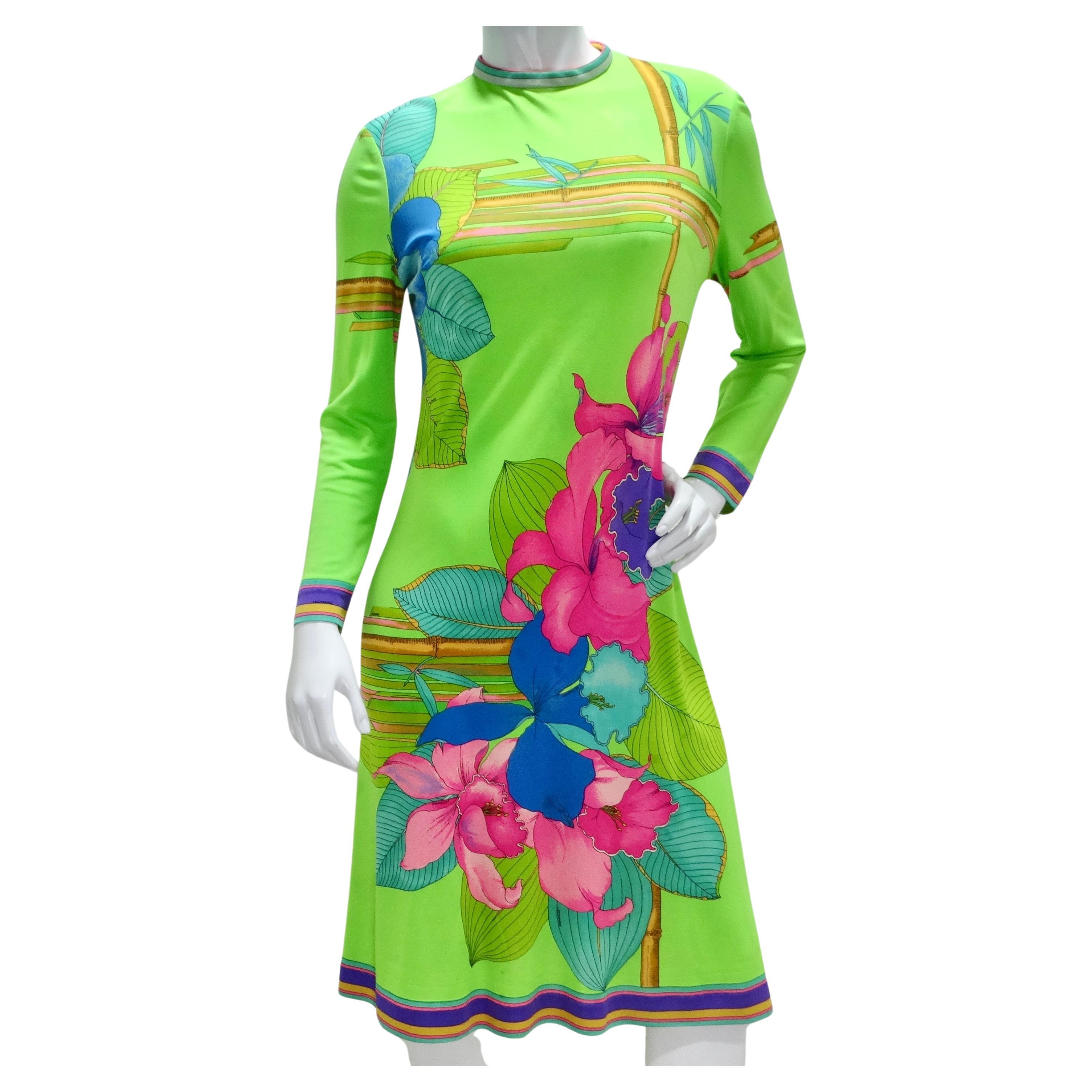 Leonard 1960s Green Floral Silk Dress For Sale