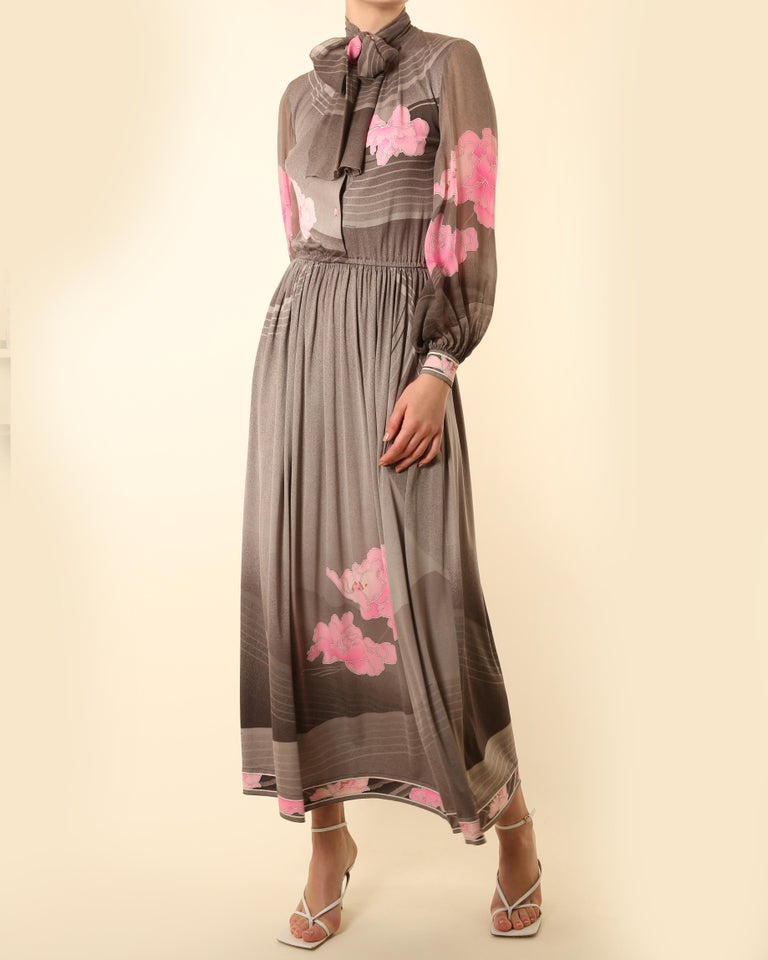 Leonard 1970 grey pink white floral button up pussy bow tie neck silk maxi dress For Sale 5