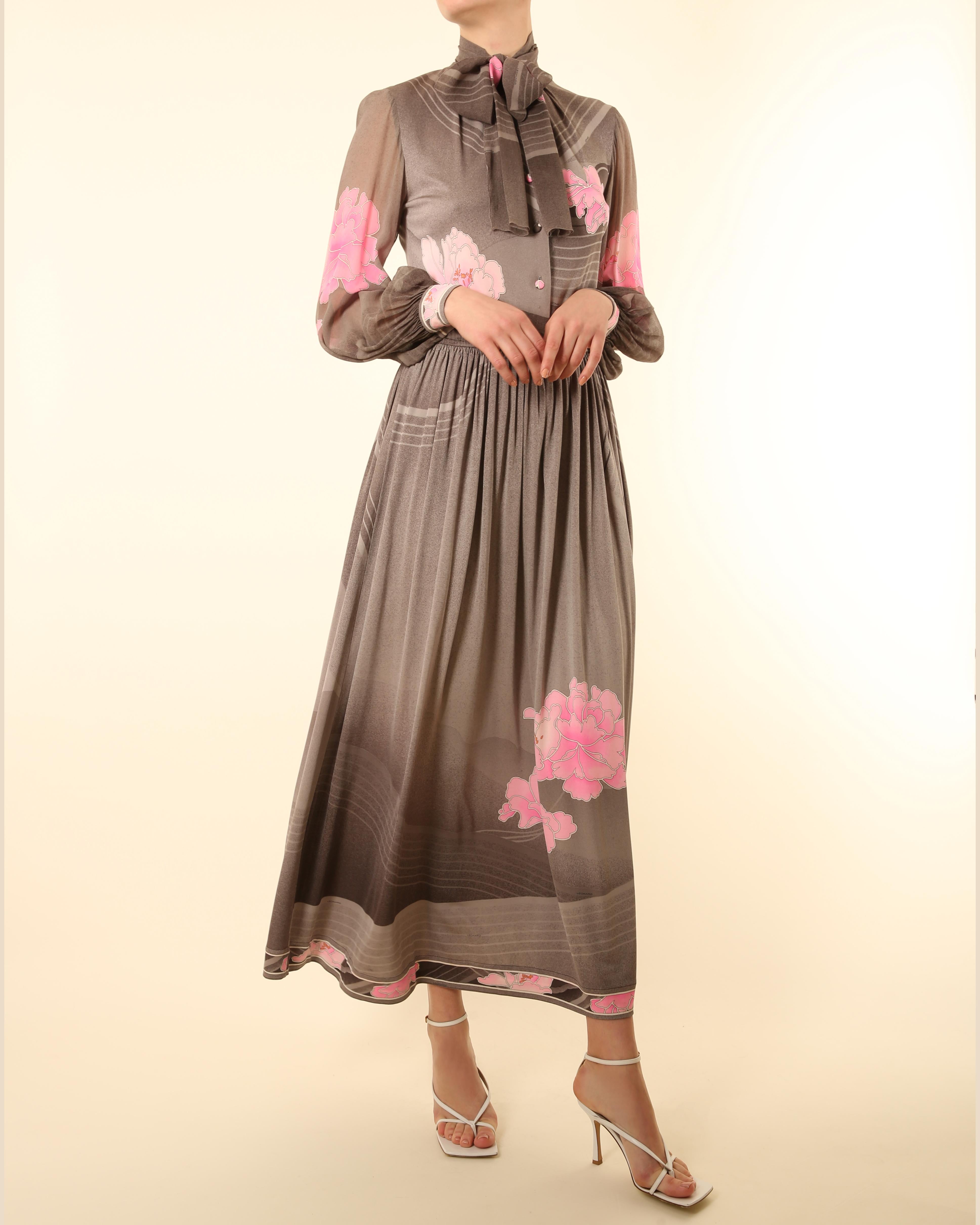 Leonard 1970 grey pink white floral button up pussy bow tie neck silk maxi dress For Sale 6