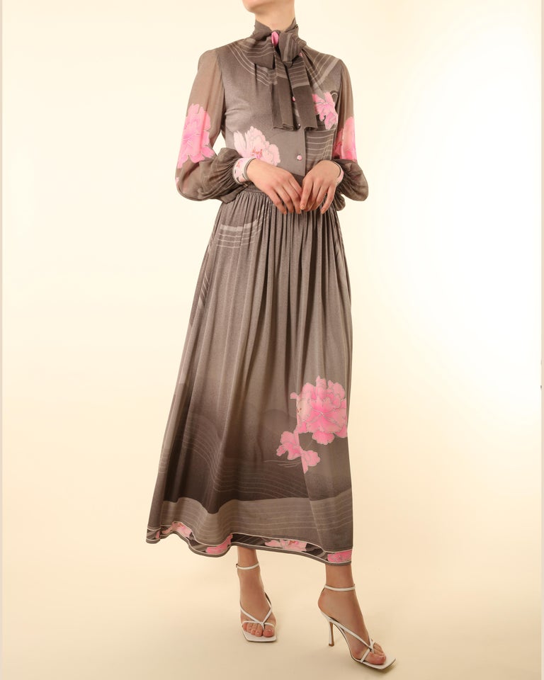 Leonard 1970 grey pink white floral button up pussy bow tie neck silk maxi dress For Sale 7