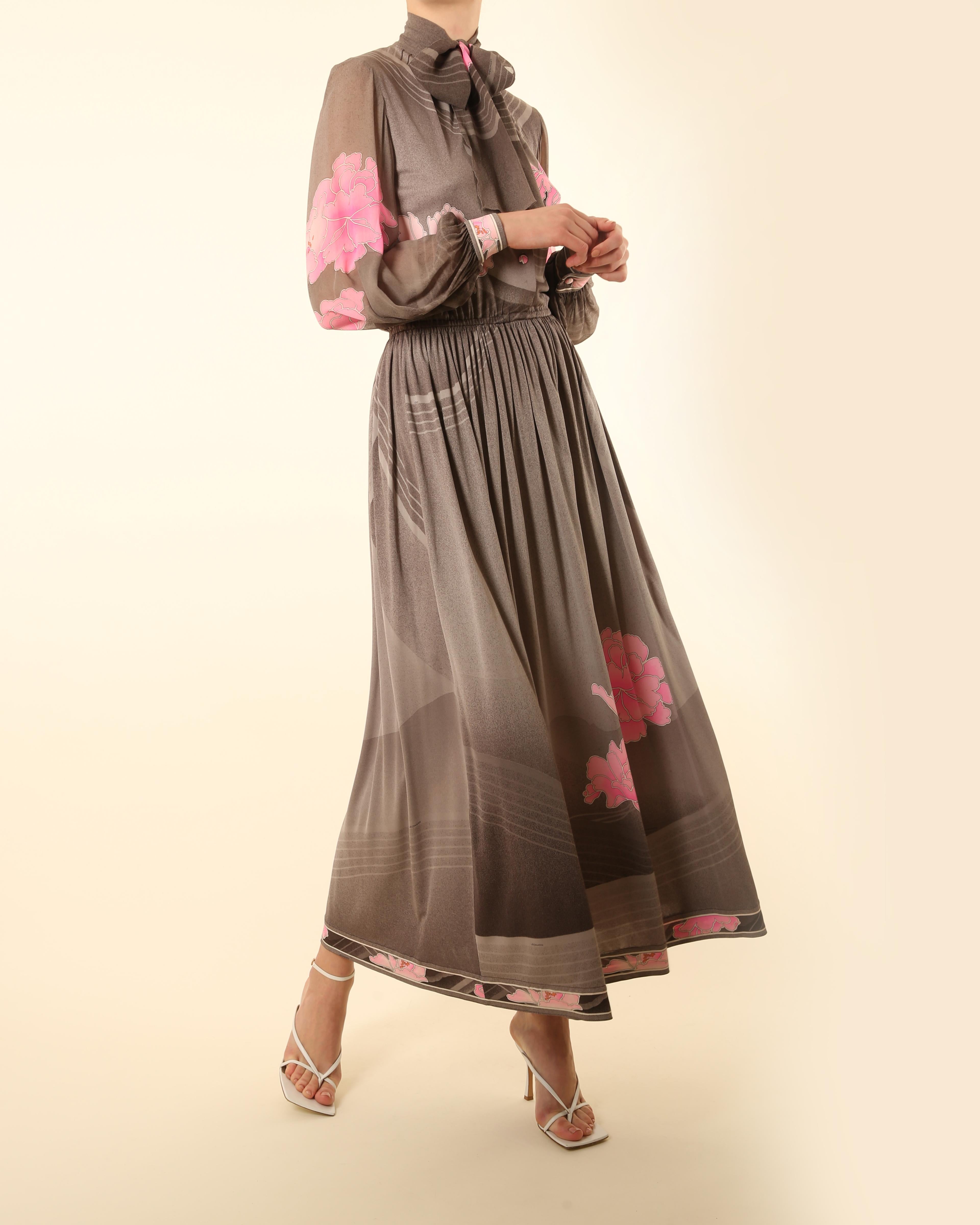 Leonard 1970 grey pink white floral button up pussy bow tie neck silk maxi dress For Sale 8
