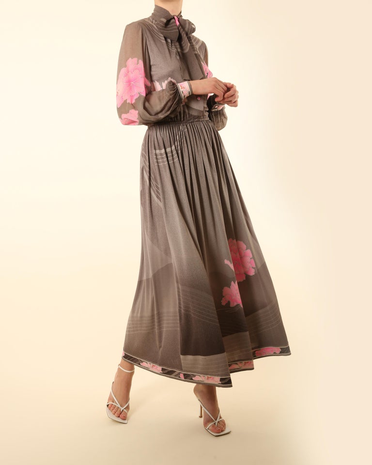 Leonard 1970 grey pink white floral button up pussy bow tie neck silk maxi dress For Sale 9