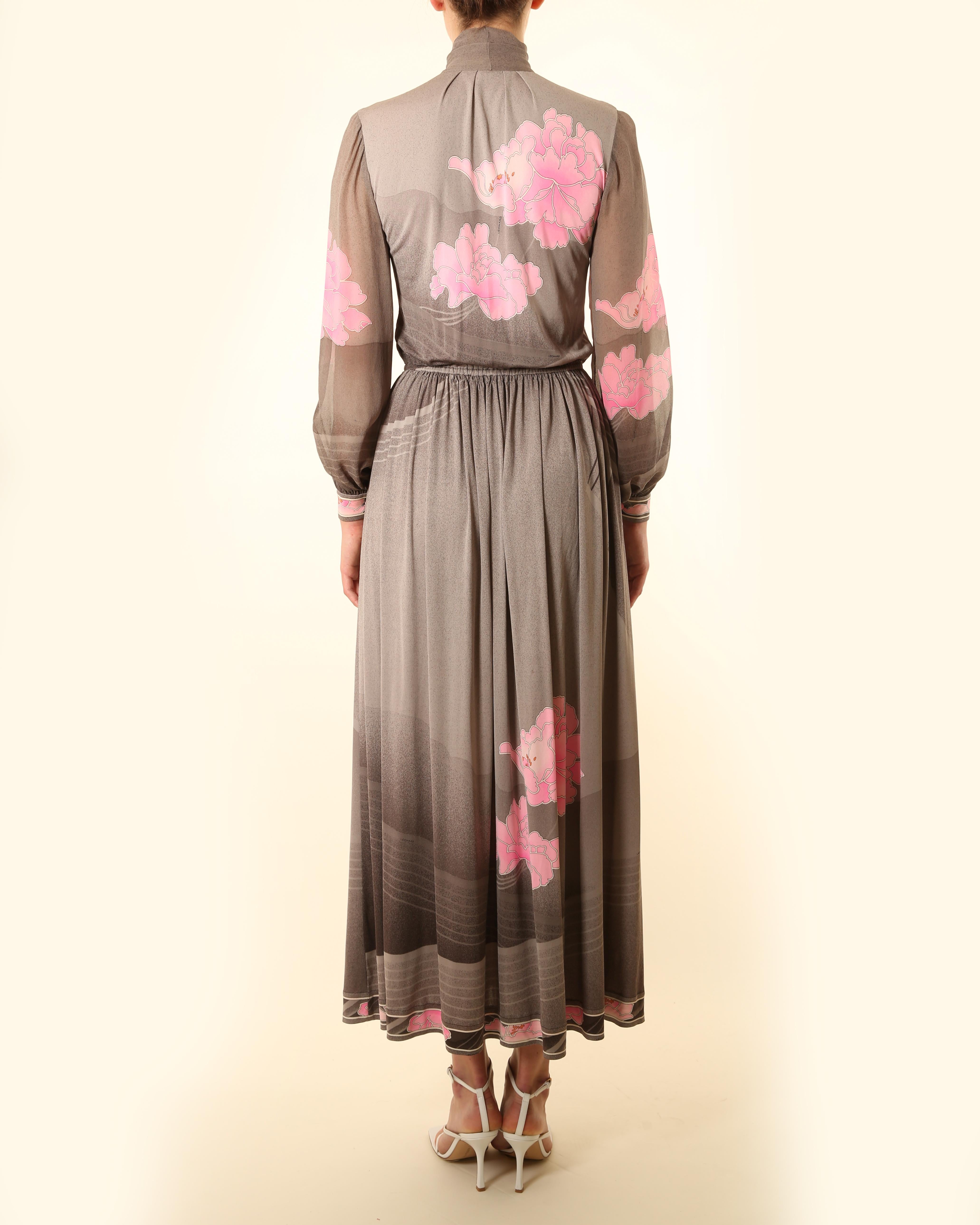 Leonard 1970 grey pink white floral button up pussy bow tie neck silk maxi dress For Sale 10
