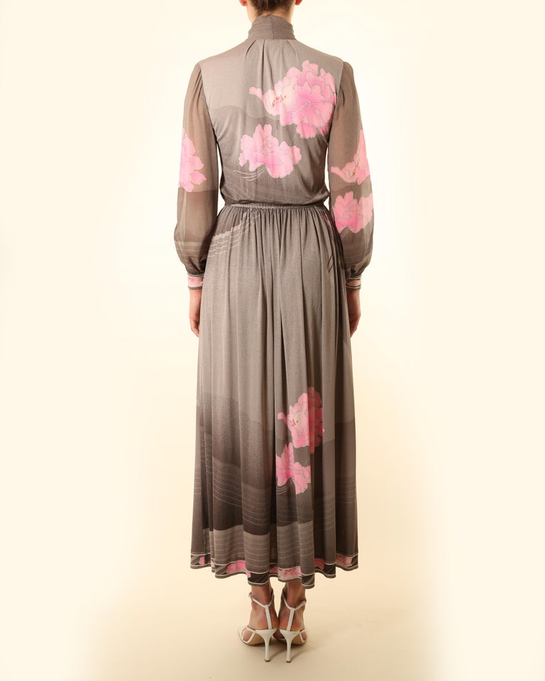 Leonard 1970 grey pink white floral button up pussy bow tie neck silk maxi dress For Sale 11