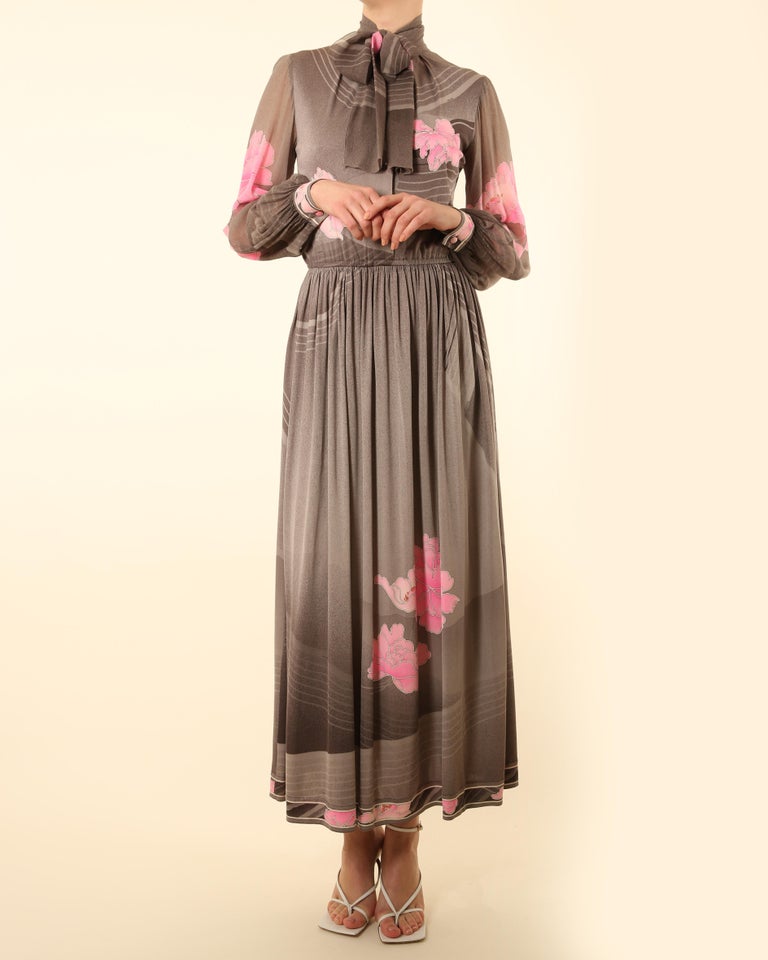 Brown Leonard 1970 grey pink white floral button up pussy bow tie neck silk maxi dress For Sale
