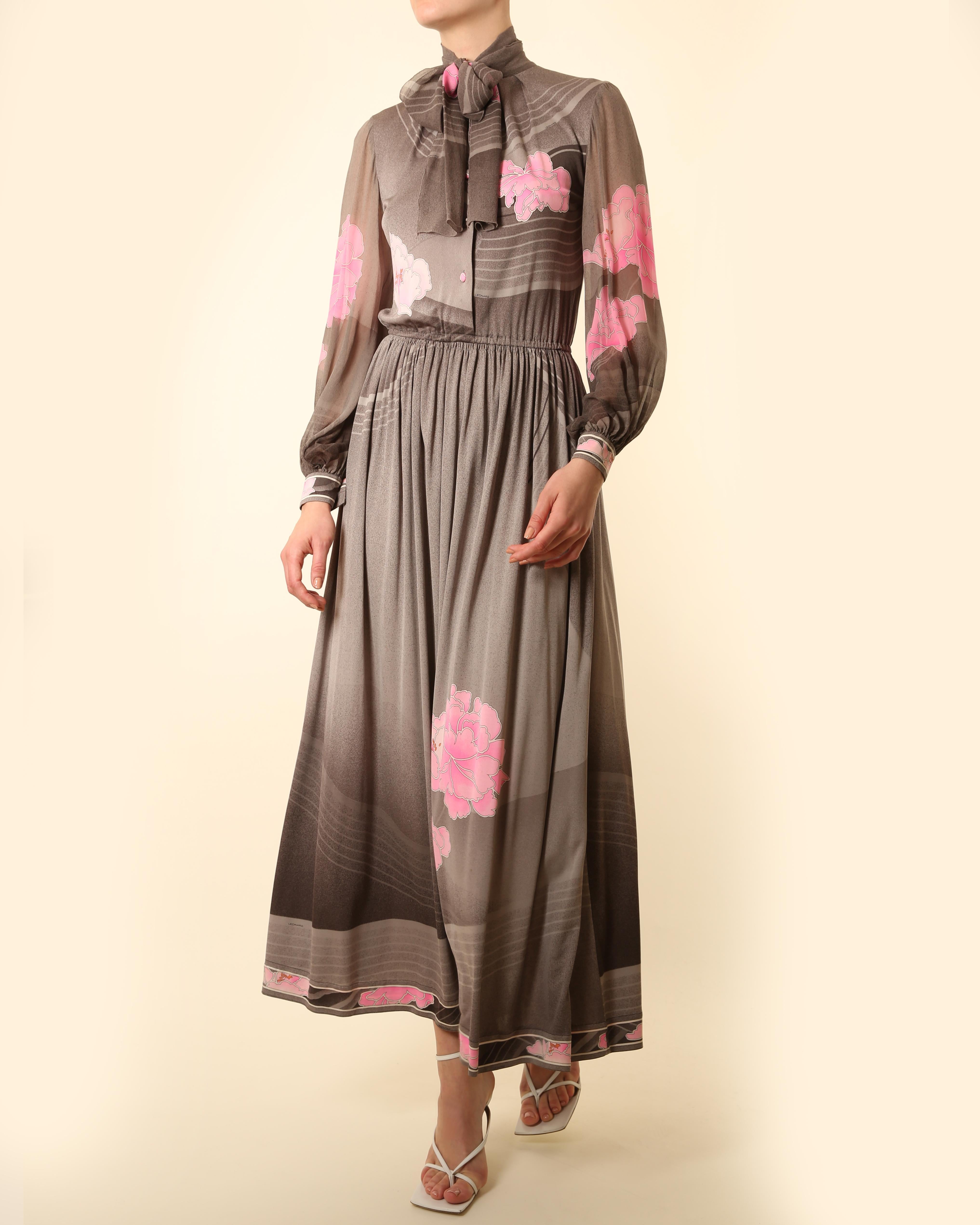Brown Leonard 1970 grey pink white floral button up pussy bow tie neck silk maxi dress For Sale