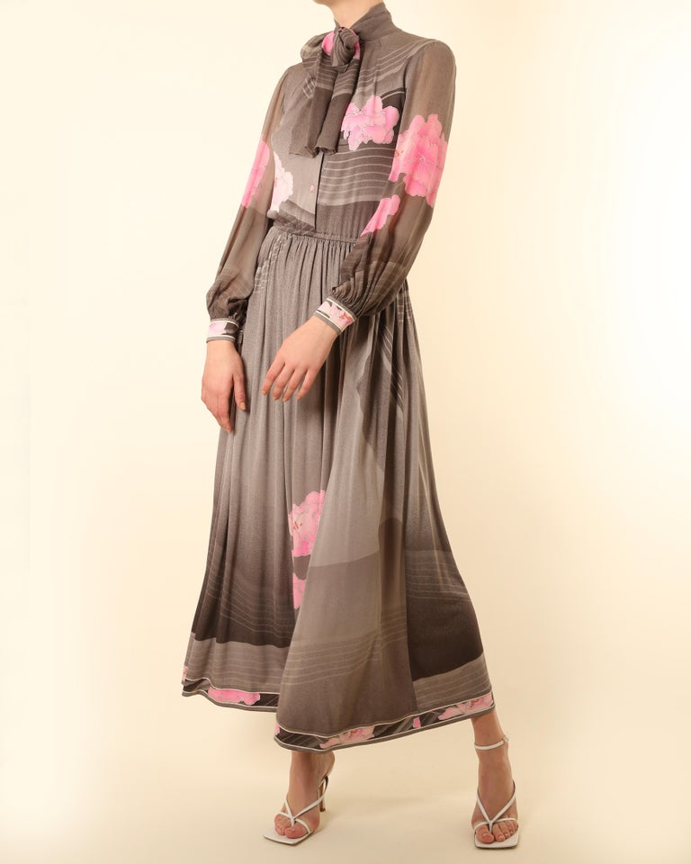 Leonard 1970 grey pink white floral button up pussy bow tie neck silk maxi dress For Sale 1