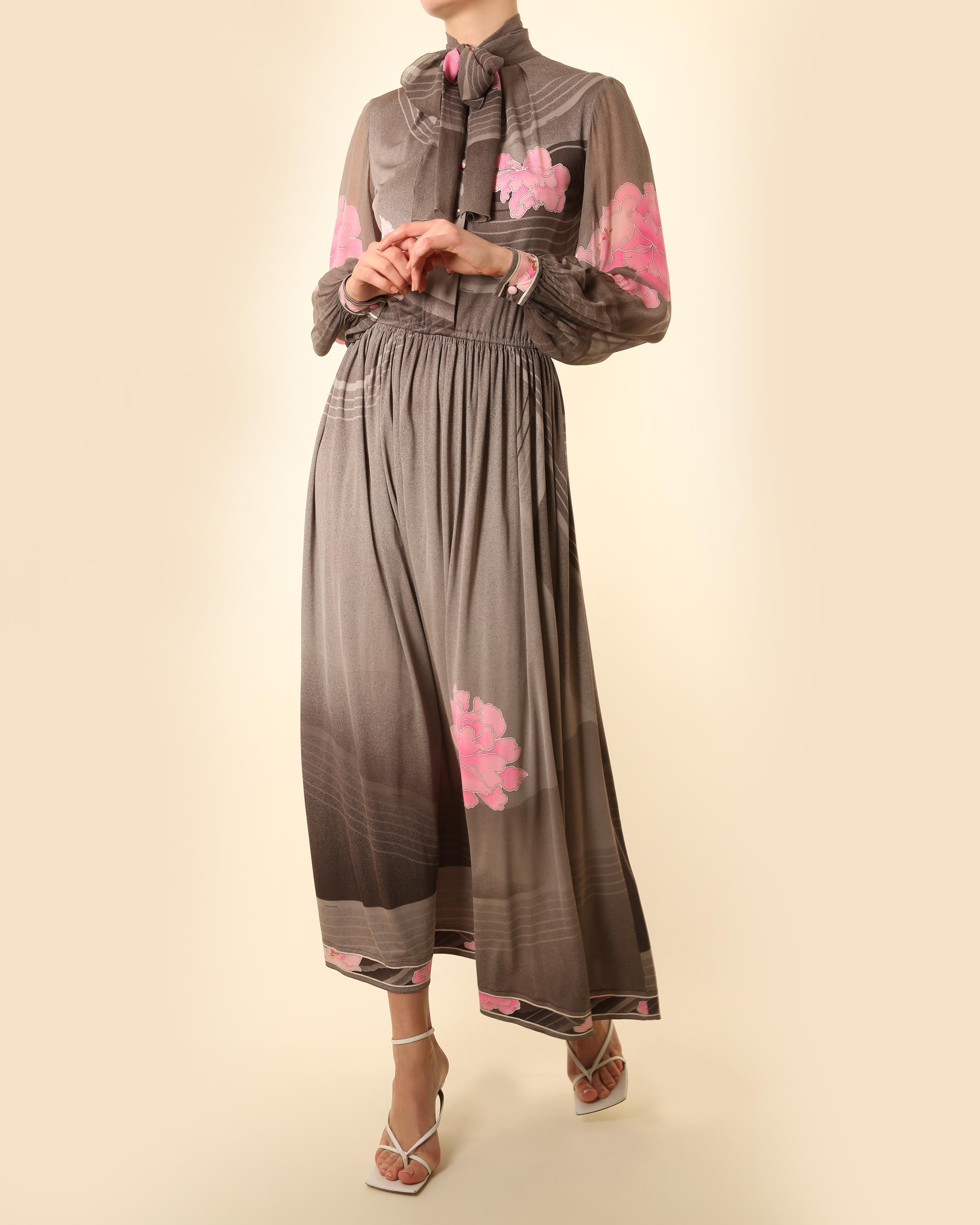 Leonard 1970 grey pink white floral button up pussy bow tie neck silk maxi dress For Sale 2