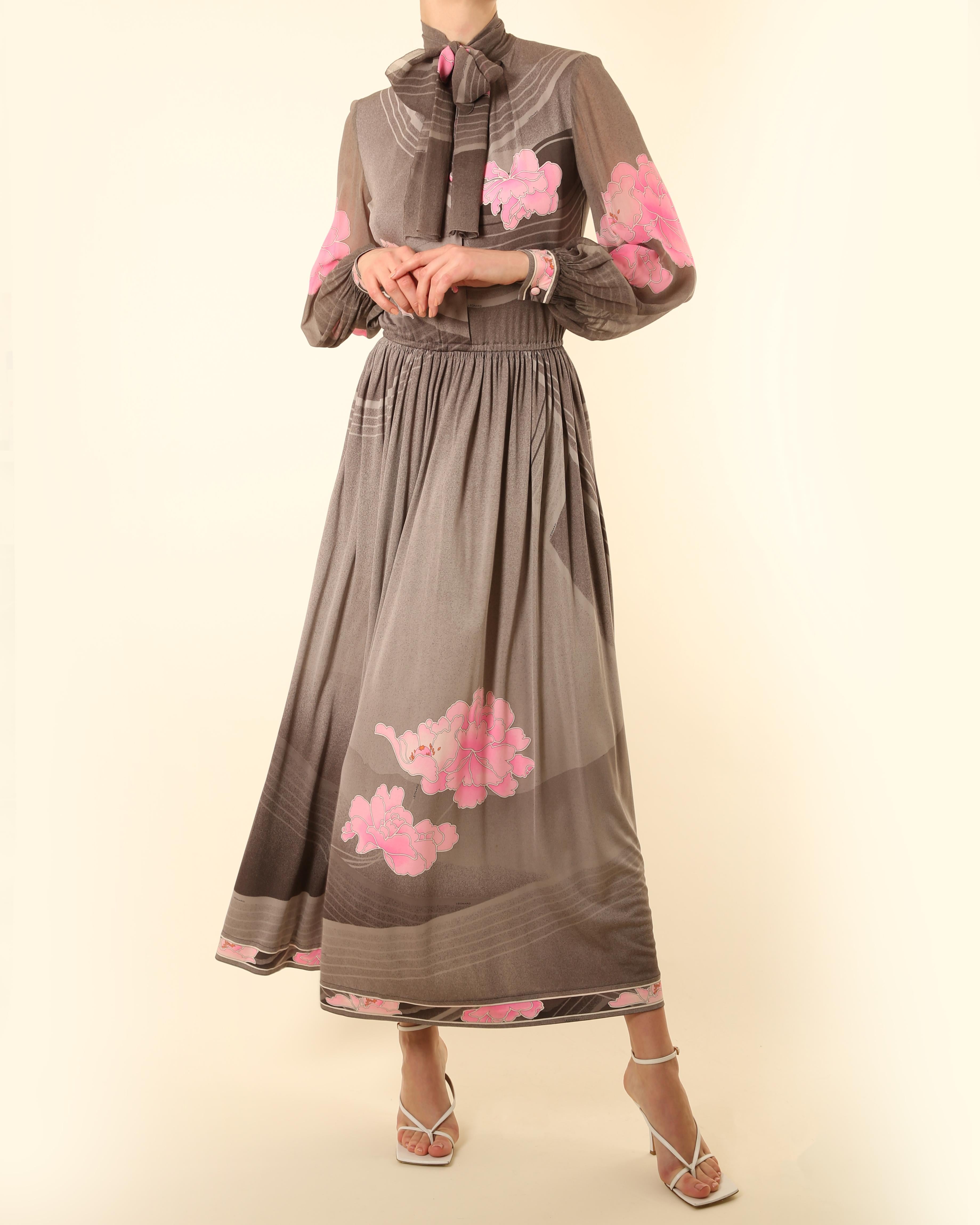 Leonard 1970 grey pink white floral button up pussy bow tie neck silk maxi dress For Sale 3