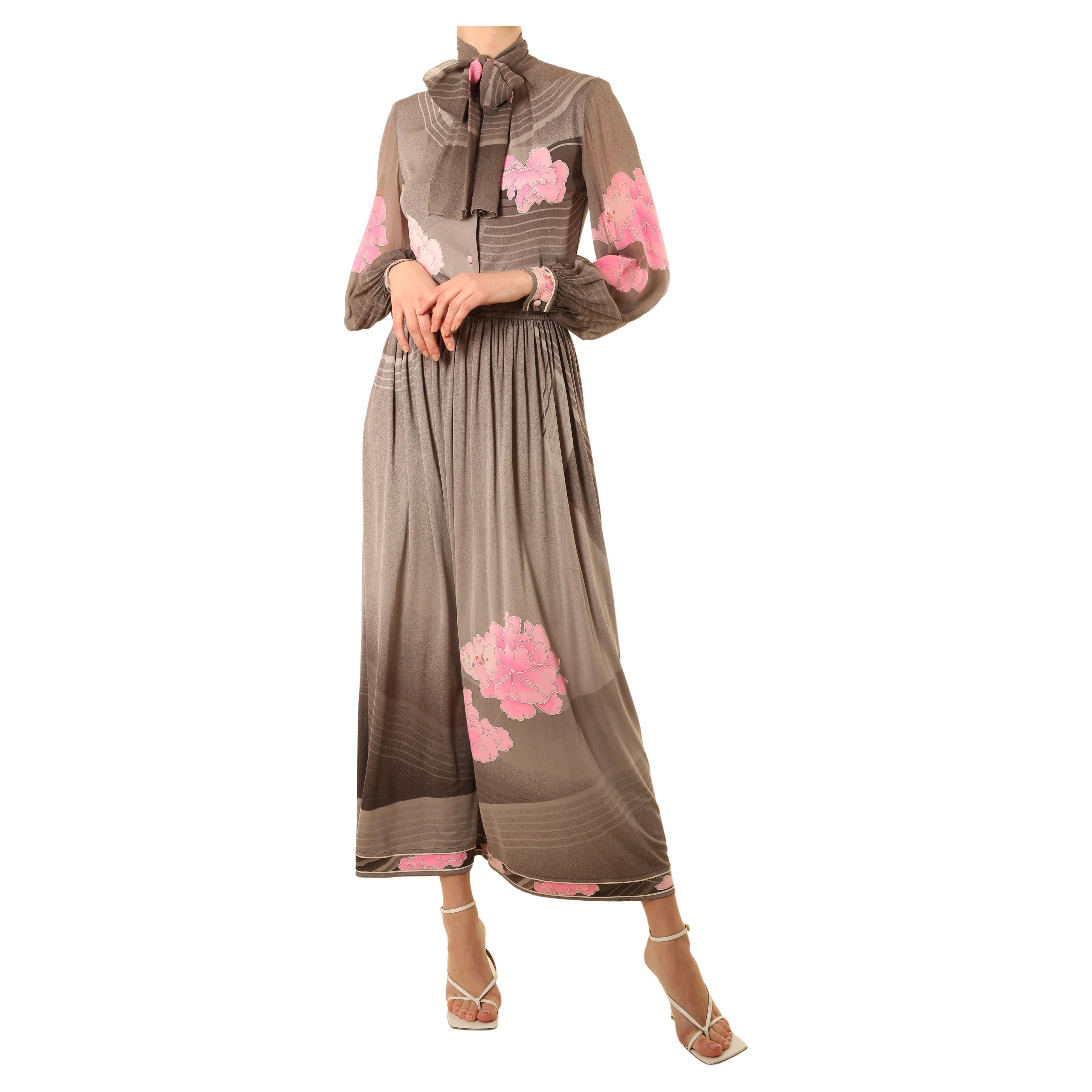 Leonard 1970 grey pink white floral button up pussy bow tie neck silk maxi dress