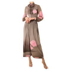 Retro Leonard 1970 grey pink white floral button up pussy bow tie neck silk maxi dress