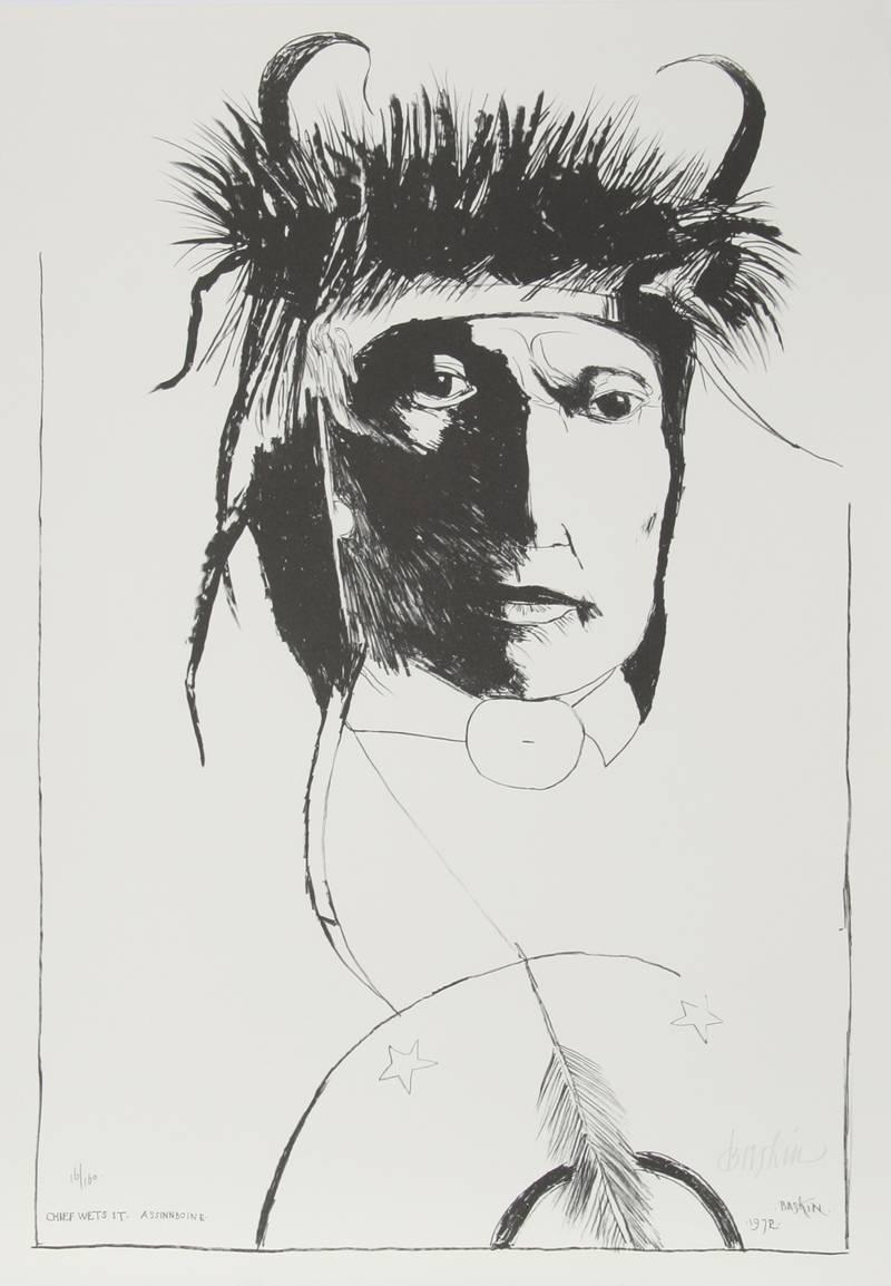 Künstler: Leonard Baskin, Amerikaner (1922 - 2000)
Titel: Häuptling macht es nass - Assinnboine
Jahr: 1972
Medium: Lithographie, mit Bleistift signiert und nummeriert
Auflage: 160 
Größe: 35 Zoll x 25 Zoll (88,9 cm x 63,5 cm)