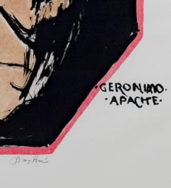 Original Lithograph Native American Male Figure Geronimo Portrait Tribe Signed