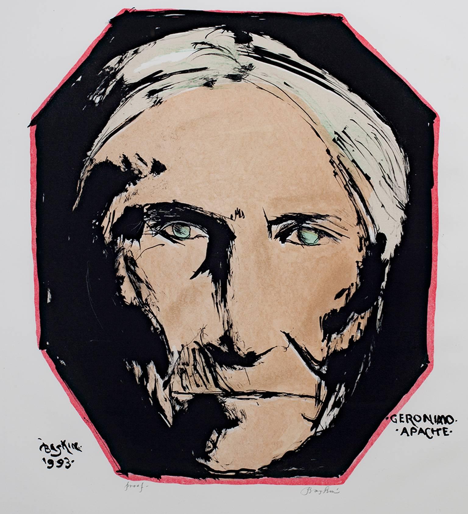 Leonard Baskin Portrait Print - Original Lithograph Native American Male Figure Geronimo Portrait Tribe Signed