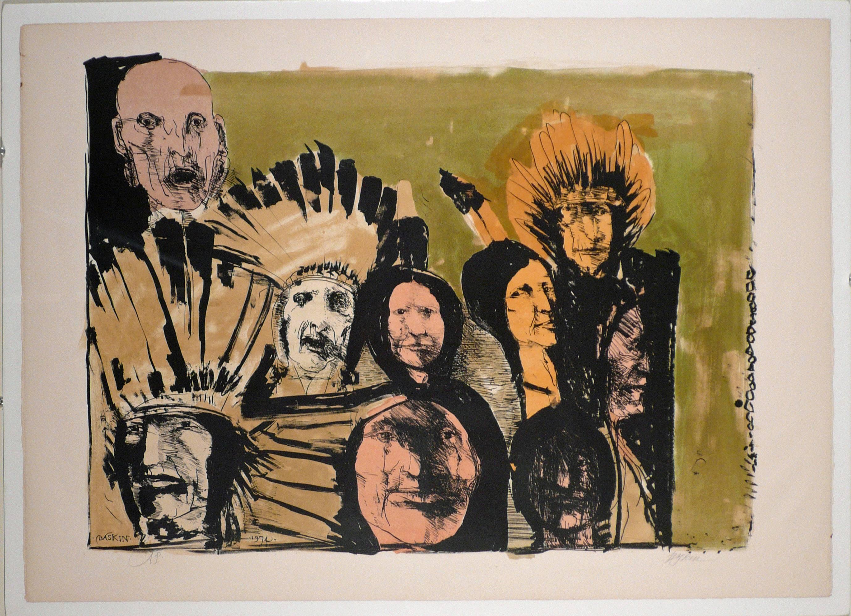 Leonard Baskin Figurative Print - INDIAN FACES