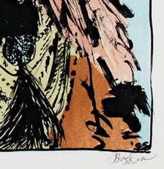 Original Lithograph Native American Figure Portrait Male Tribe Bold Stoic Signed