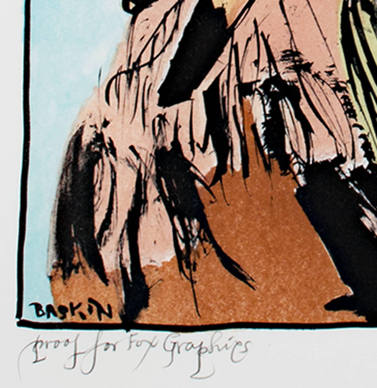 Original Lithographie, Native American Figur, Porträt, männlicher Stamm, Bold Stoic, signiert (Zeitgenössisch), Print, von Leonard Baskin