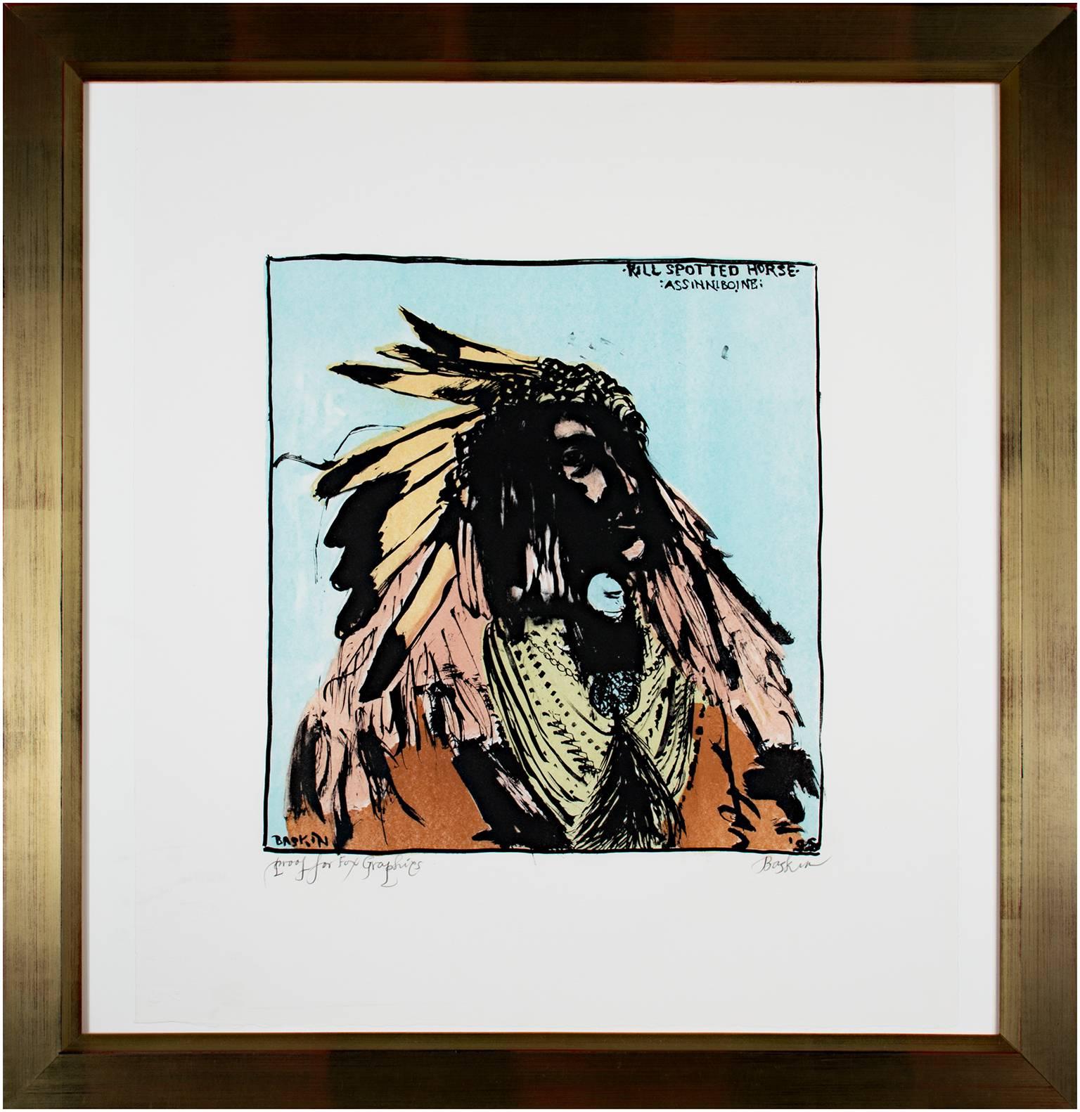 Original Lithographie, Native American Figur, Porträt, männlicher Stamm, Bold Stoic, signiert im Angebot 1