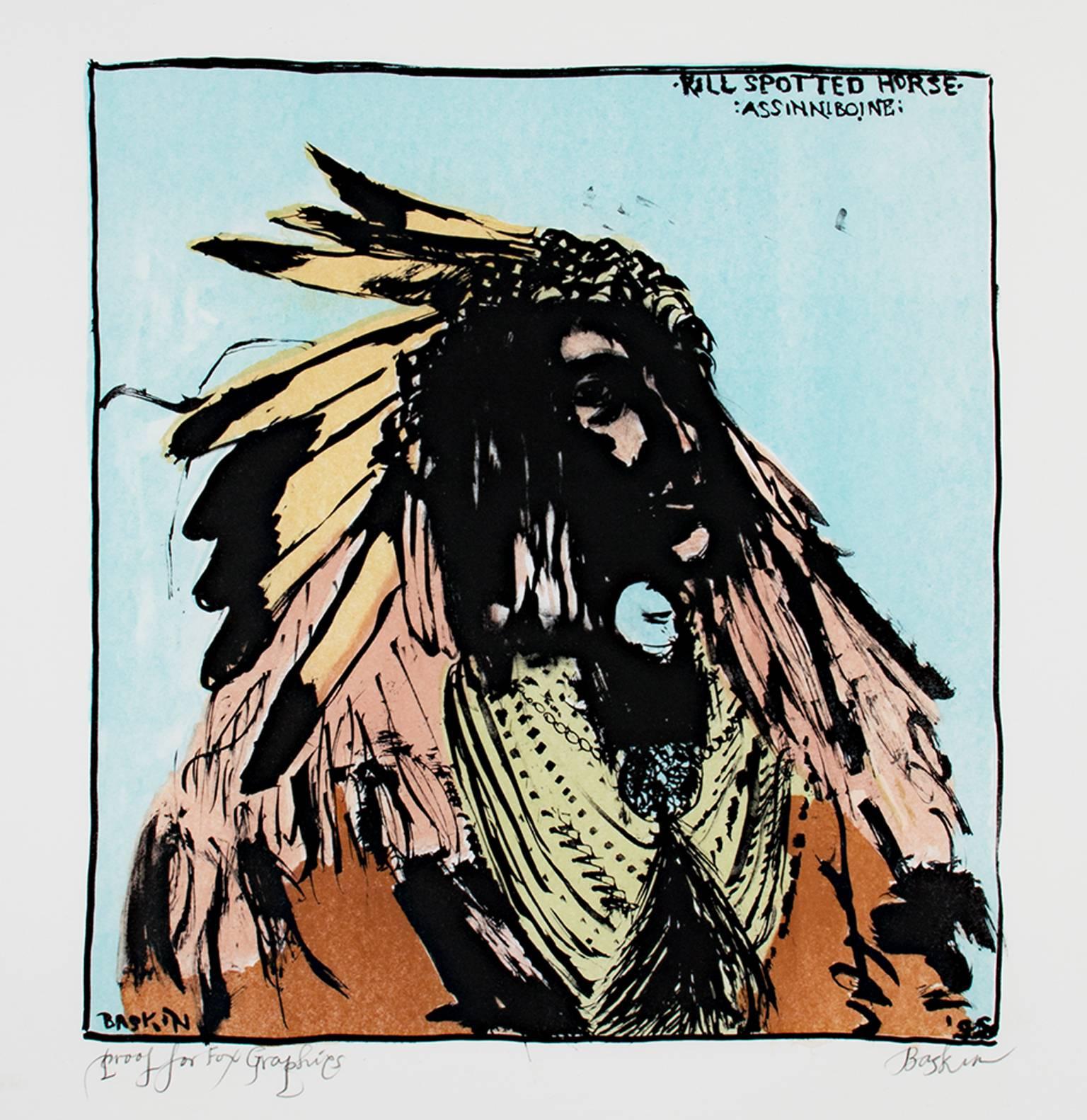 Original Lithograph Native American Figure Portrait Male Tribe Bold Stoic Signed