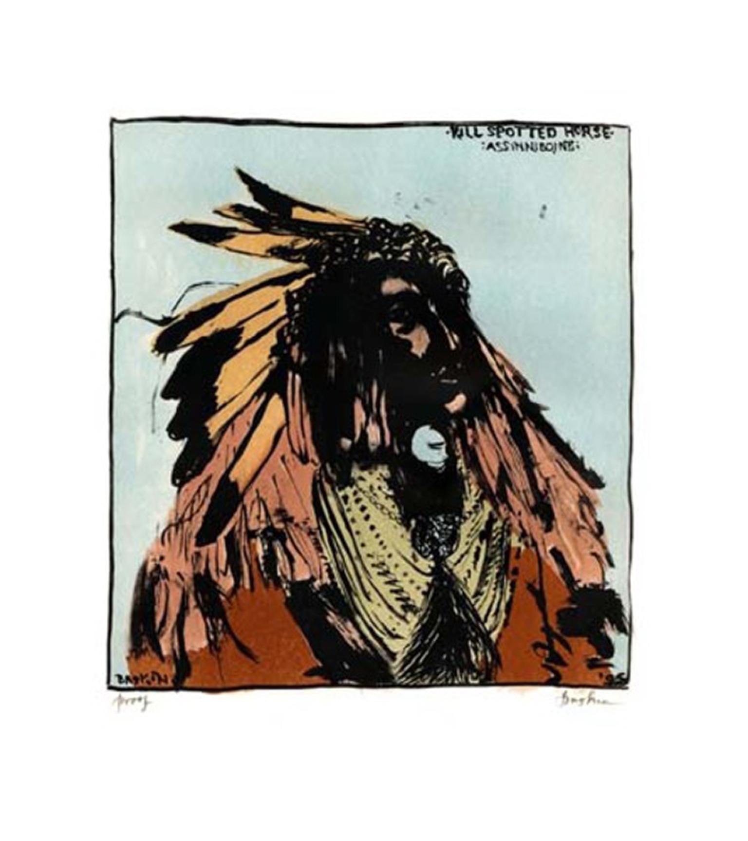 " Kill Spotted Horse-Assinniboine" is an Original color lithograph by Leonard Baskin. This is a signed artists proof. The subject is of a portrait by Frank Albert Rinehart who, with his assistant Adolph Muhr, photographed Native Americans at the