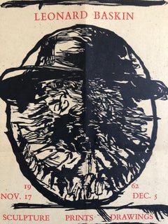 Leonard Baskin Woodblock Broadside Print Woodcut Vintage Poster in Red and Black