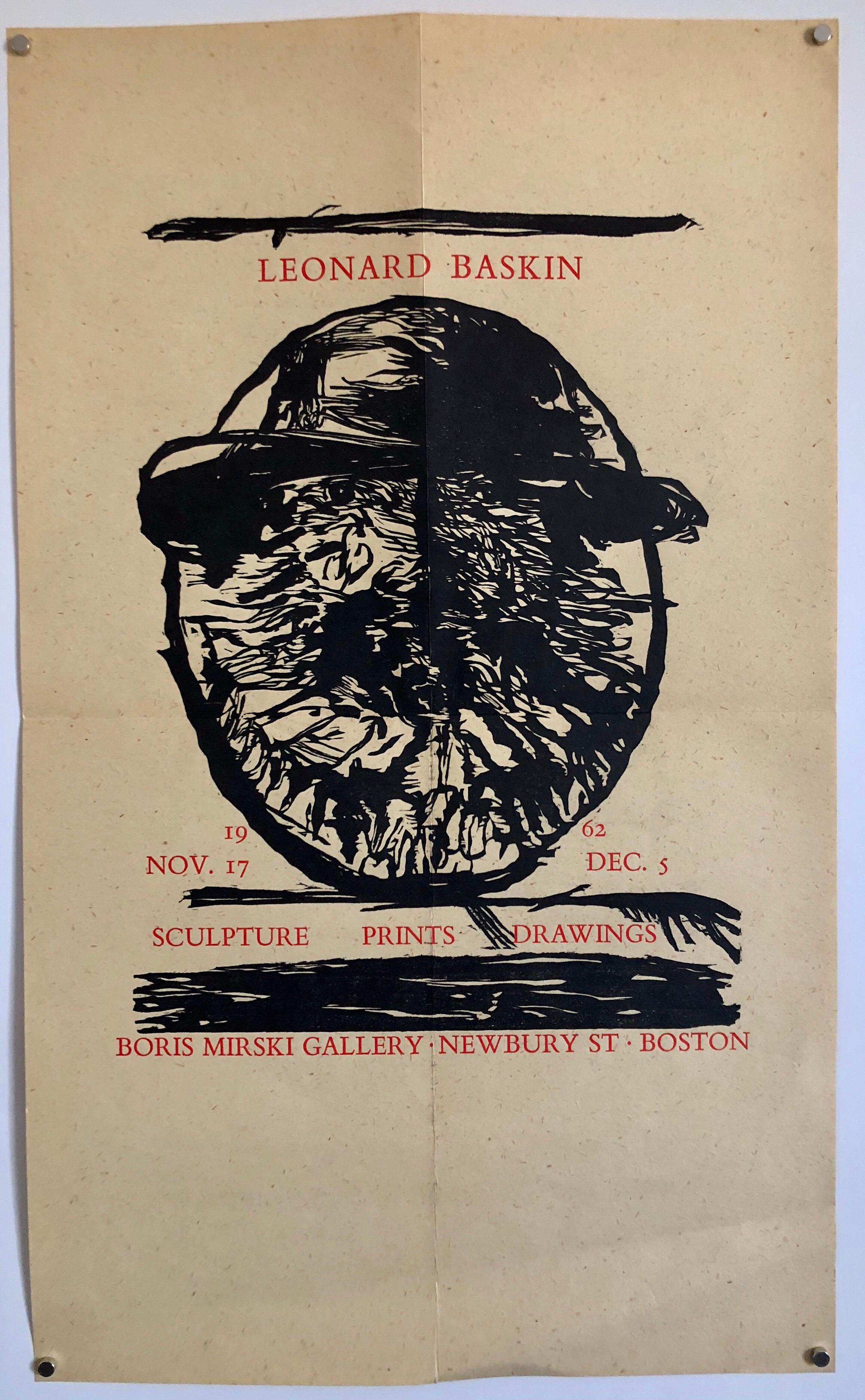 This is an original gallery show poster the Boris Mirsky Gallery, Newbury St. Boston. titled Sculpture Prints Drawings. It is dated 1962. it is in red and black.
Leonard Baskin (August 15, 1922 – June 3, 2000) was an American sculptor, illustrator,