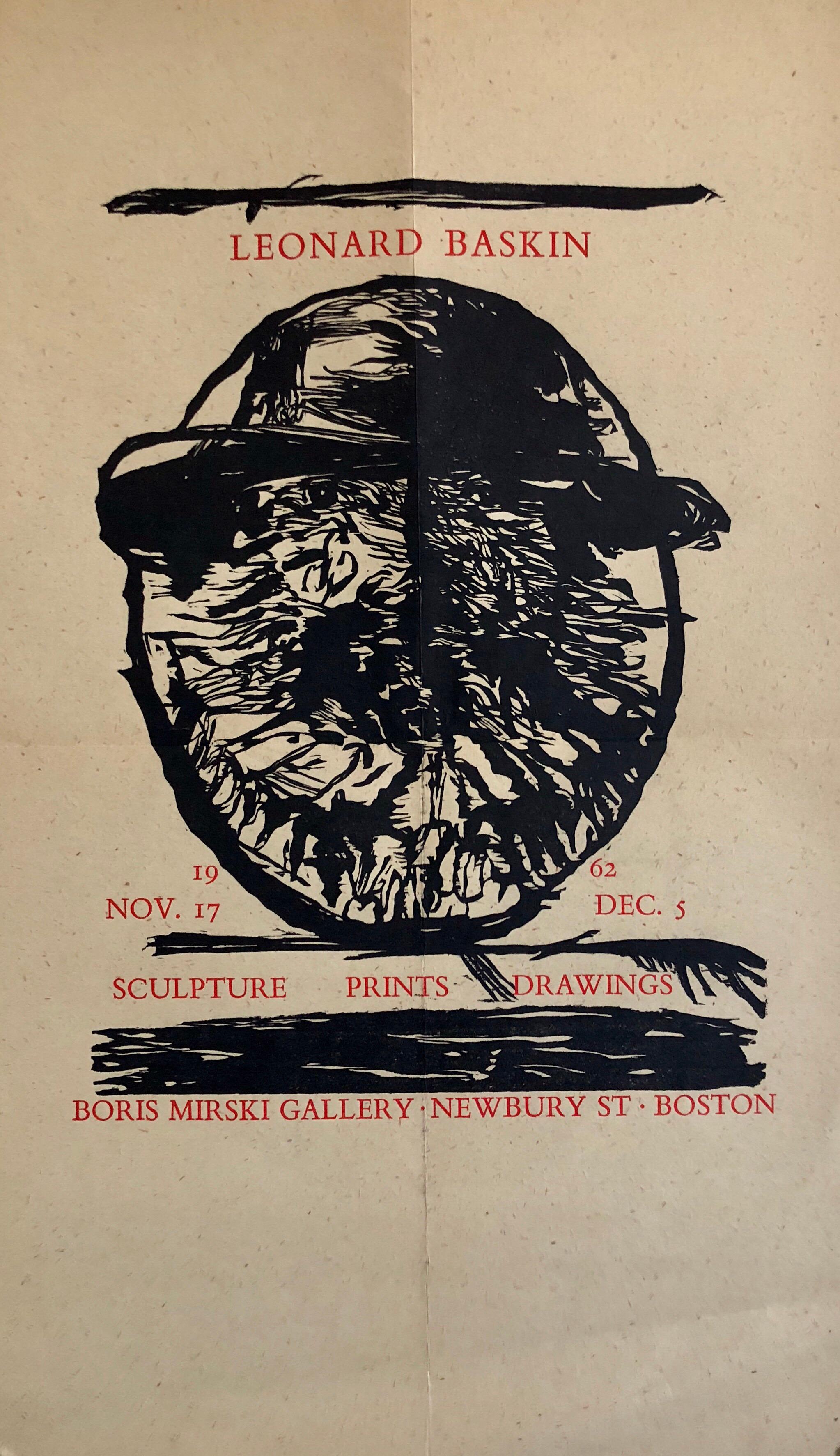 This is an original gallery show poster the Boris Mirsky Gallery, Newbury St. Boston. titled Sculpture Prints Drawings. It is dated 1962. it is in red and black.
Leonard Baskin (August 15, 1922 – June 3, 2000) was an American sculptor, illustrator,