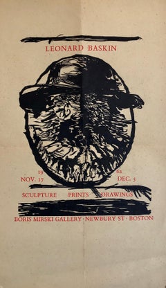 Leonard Baskin Woodblock Broadside Print Woodcut Retro Poster in Red and Black