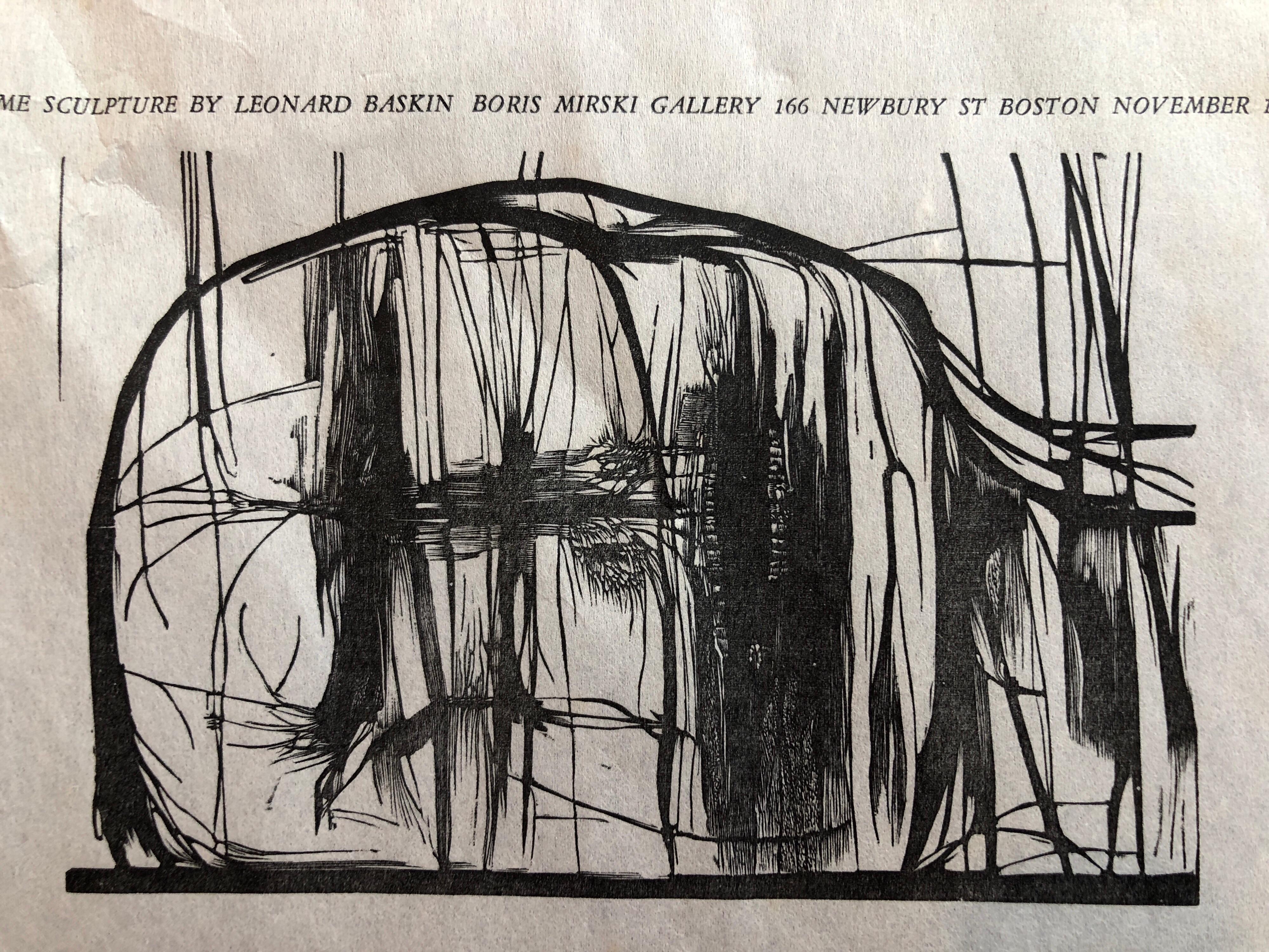 Dies ist eine Original-Galerieausstellung in der Boris Mirsky Gallery, Newbury St. Boston, mit dem Titel Sculpture Prints Drawings. Sie ist auf 1962 datiert und in Rot und Schwarz gehalten.
Leonard Baskin (15. August 1922 - 3. Juni 2000) war ein