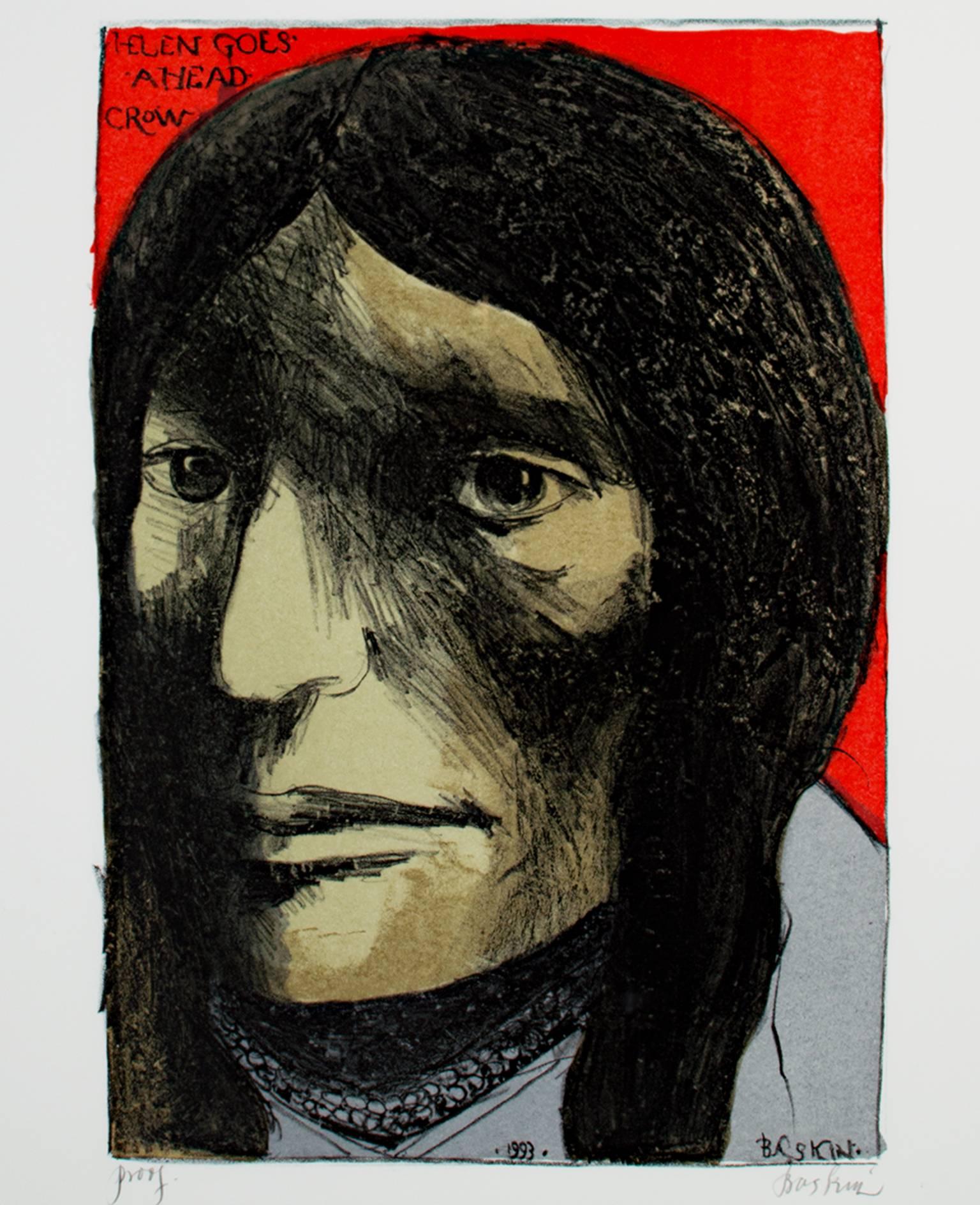 Original Lithograph Native American Female Figure Portrait Bold Stoic Signed