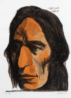 Original Lithograph Native American Figure Portrait Male Tribe Bold Stoic Signed