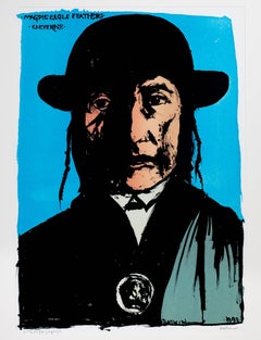 Original Lithograph Native American Figure Portrait Male Tribe Bold Stoic Signed