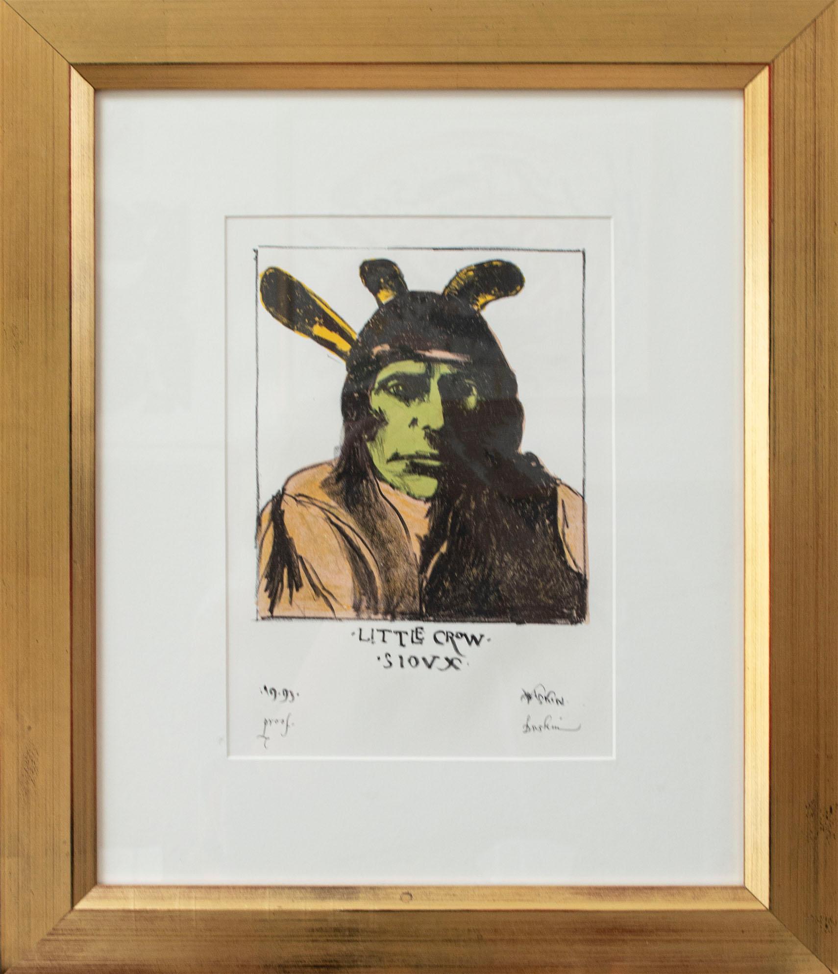 Litografia originale Figura di nativo americano ritratto maschile tribù grassetto stoico firmata - Figurative Print Beige di Leonard Baskin