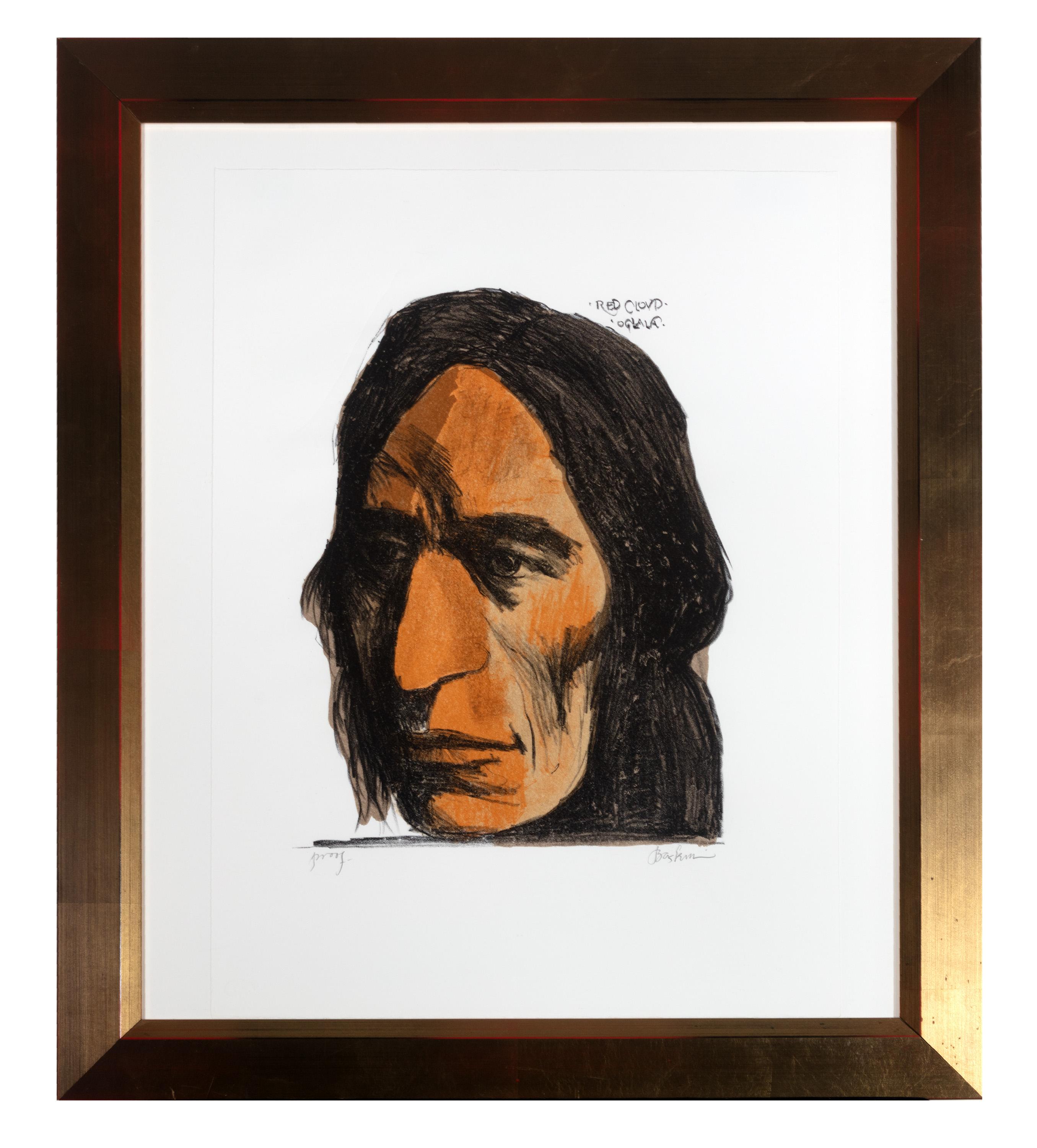 Leonard Baskin Figurative Print - Original Lithograph Native American Figure Portrait Male Tribe Bold Stoic Signed
