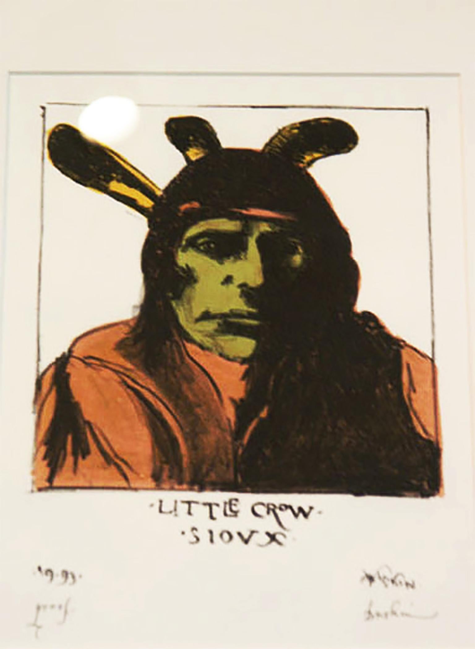 Leonard Baskin Figurative Print - Original Lithograph Native American Figure Portrait Male Tribe Bold Stoic Signed