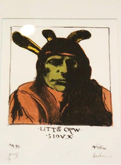 Original Lithograph Native American Figure Portrait Male Tribe Bold Stoic Signed