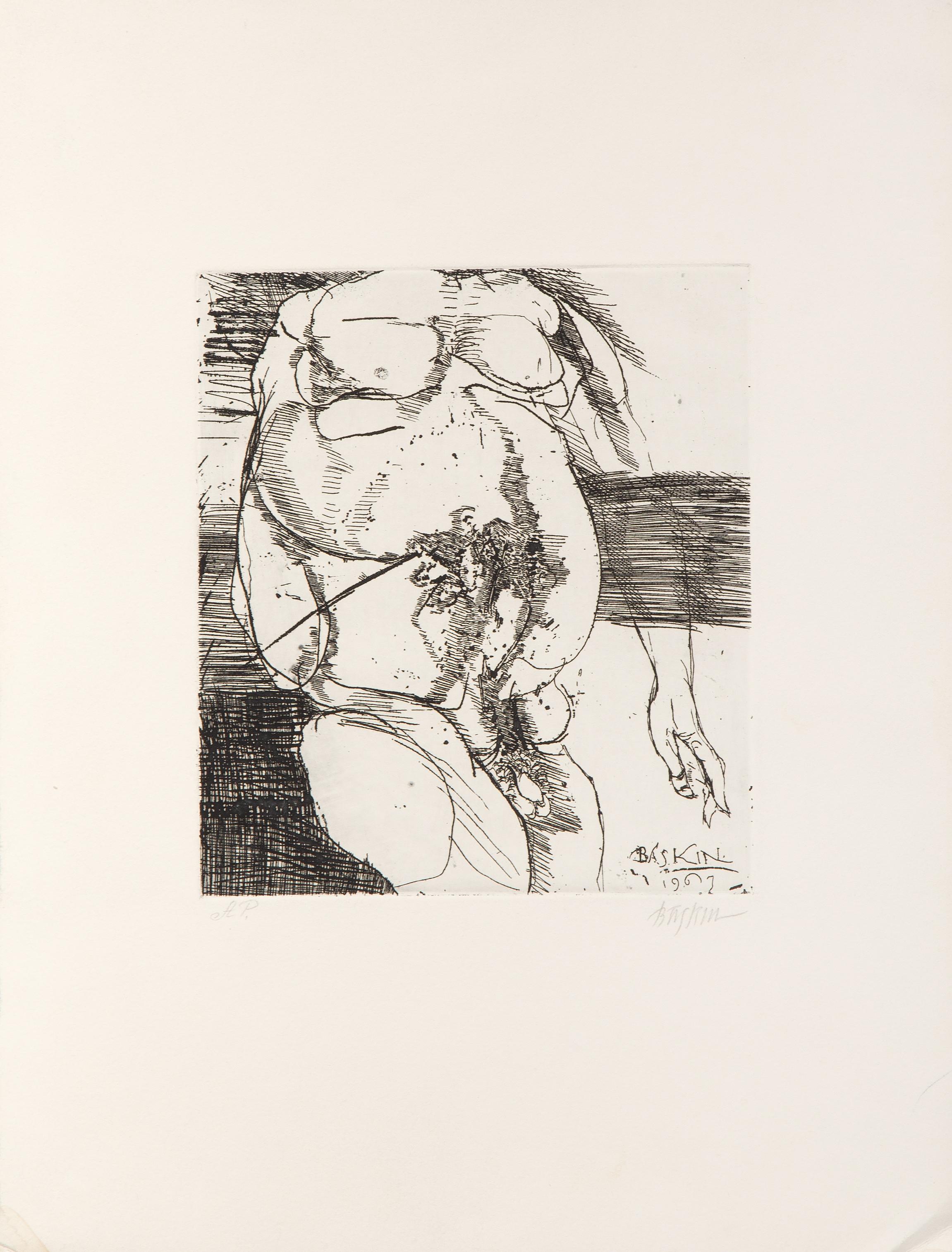Torso
Leonard Baskin, American (1922–2000)
Date: 1967
Etching, signed and numbered in pencil, dated in the plate
Edition of HP
Image Size: 10 x 8.75 inches
Size: 20 x 15 in. (50.8 x 38.1 cm)