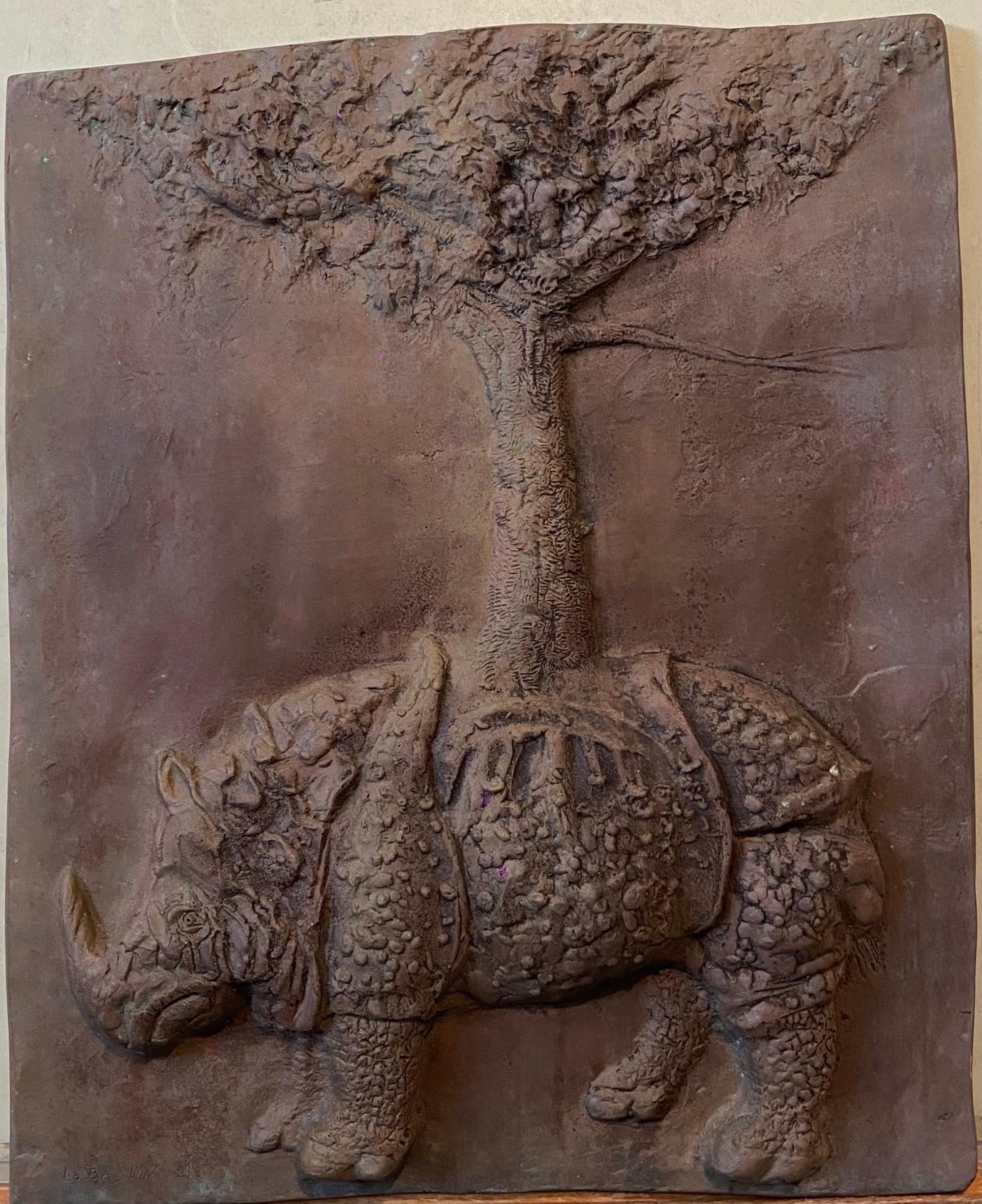 Bronze Sculpture Relief Rhinoceros with Tree American Modernist Leonard Baskin For Sale 1