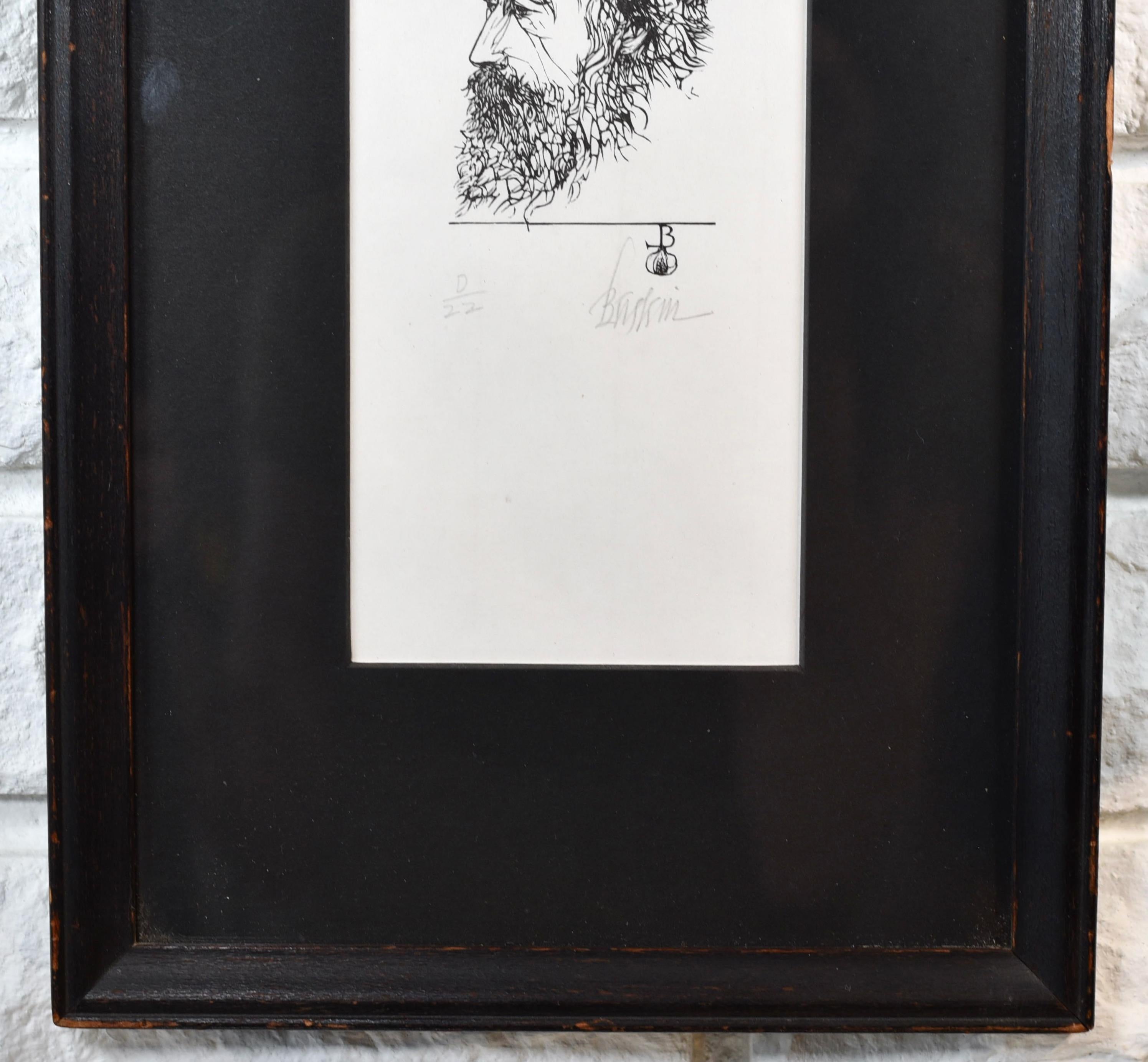 Woodcut engraving by well known printer and artist Leonard Baskin depicting William Morris.