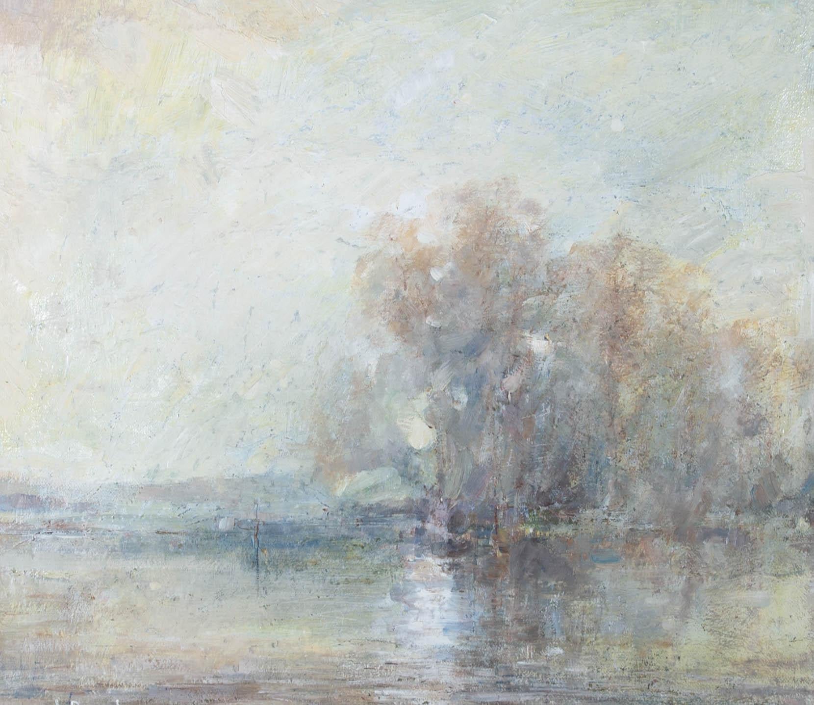 A tranquil scene depicting a willow tree on the edge of a lake. Painted in soft-hues and expressive brush strokes, the artist has captured the relaxed atmosphere of this charming landscape. On wove.

