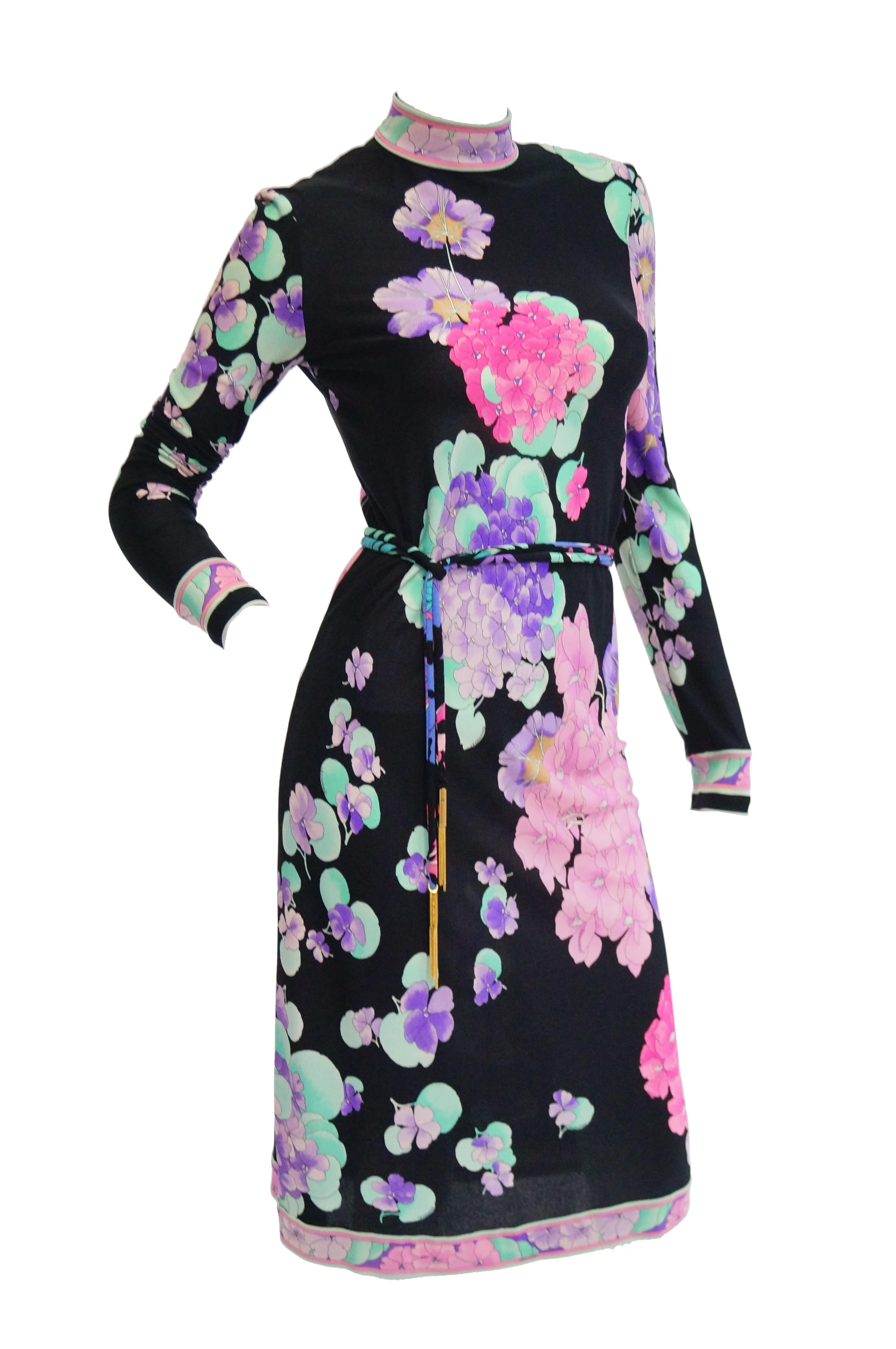 Leonard Black and Pink Floral Silk Jersey Knit Midi Dress In Excellent Condition In Houston, TX