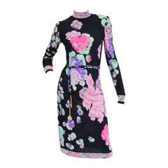 Vintage Leonard Black and Pink Floral Silk Jersey Knit Midi Dress