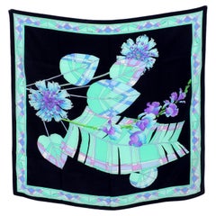 Leonard Schwarz Grün Seide Floral Vintage Schal 1980s